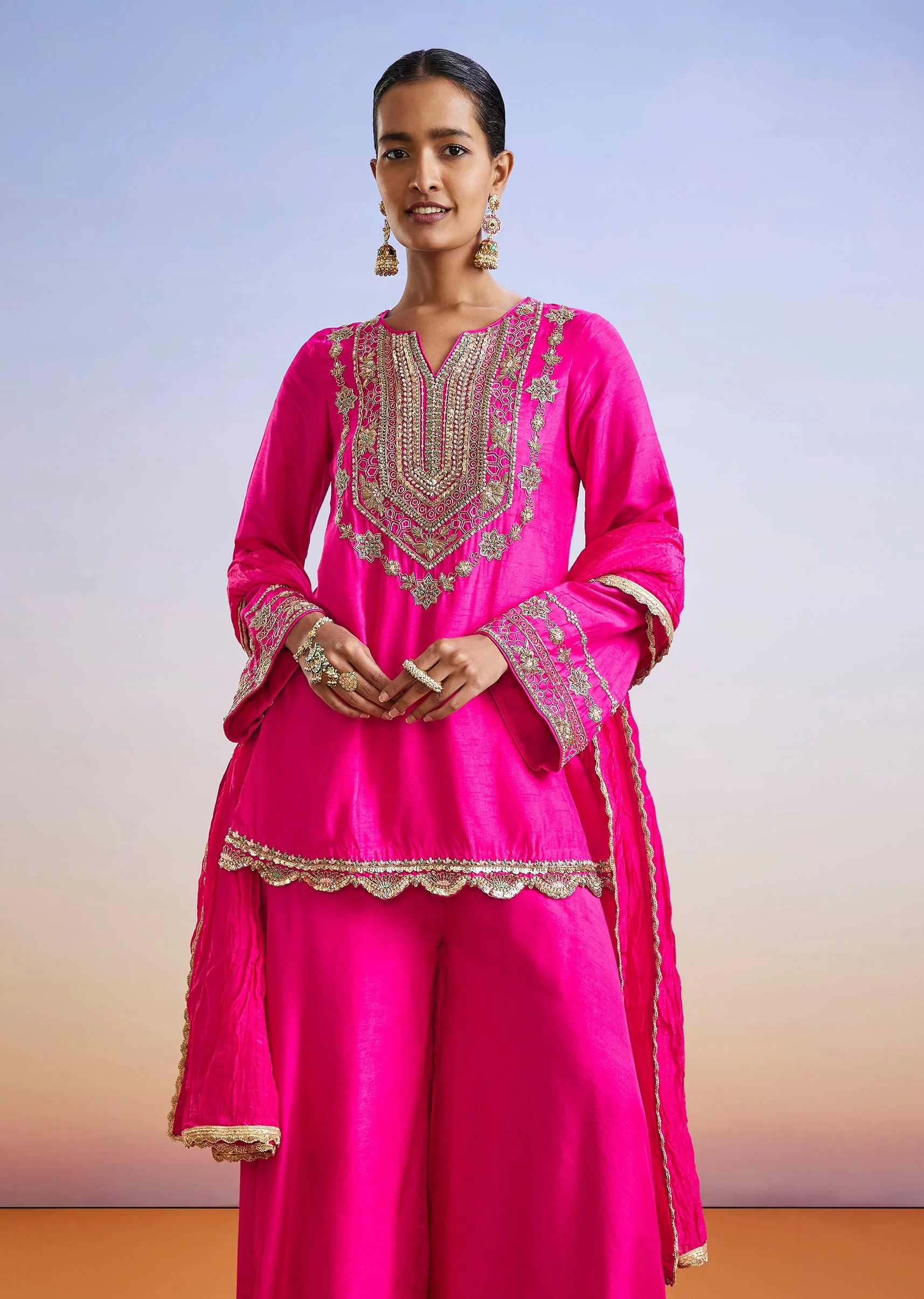 Pink Zardosi Embroidered Straight Kurta Palazzo Suit With Dupatta - Image 4