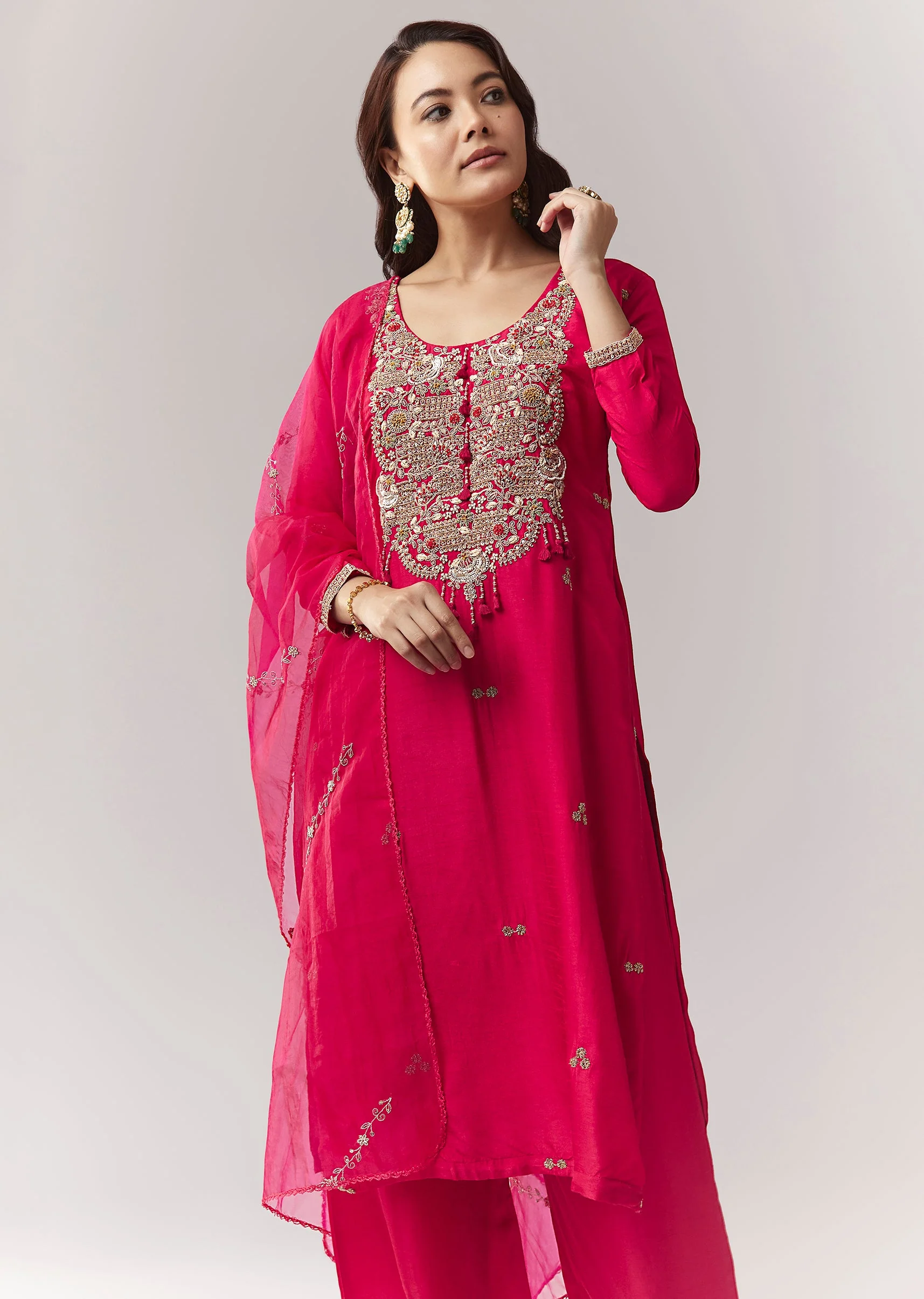 Pink Zardosi Kurta Pant Set With Dupatta - Image 4