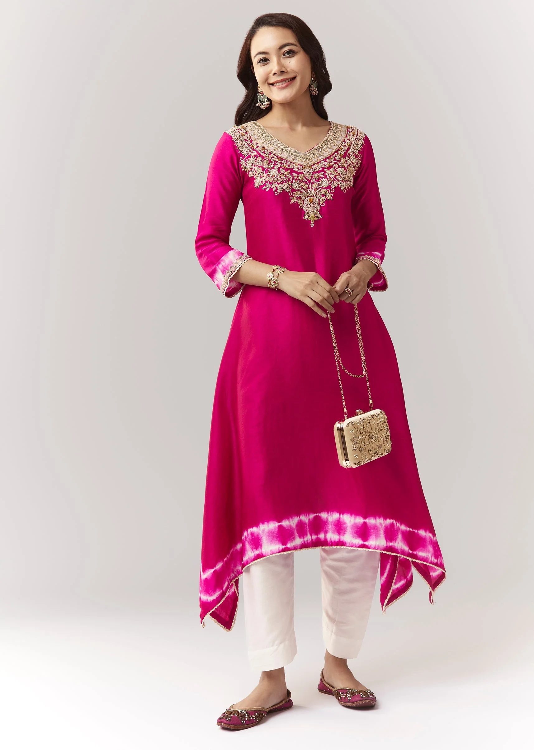 Pink Zardosi Kurta Straight Pant Coord With Leheriya Border