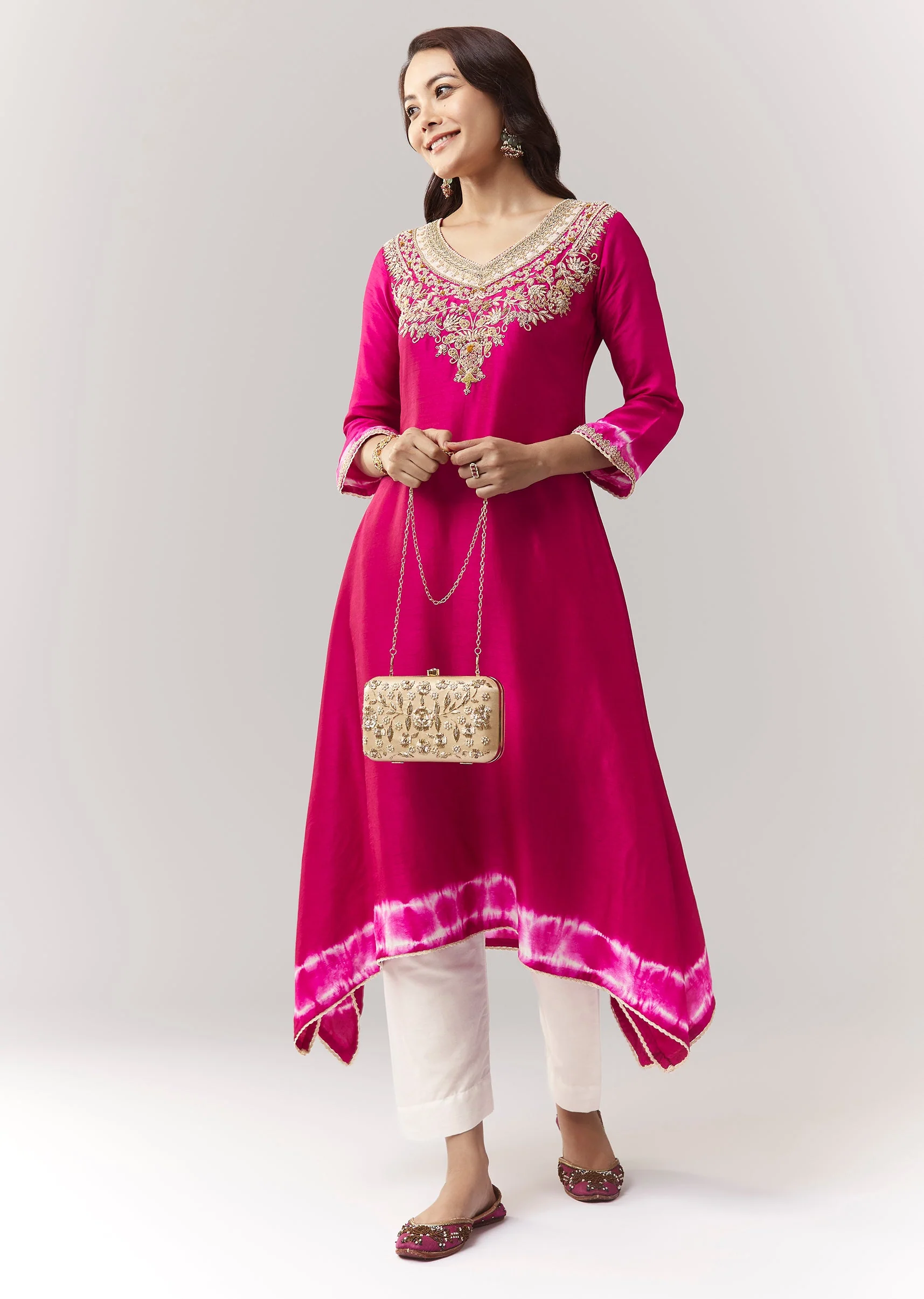 Pink Zardosi Kurta Straight Pant Coord With Leheriya Border - Image 3