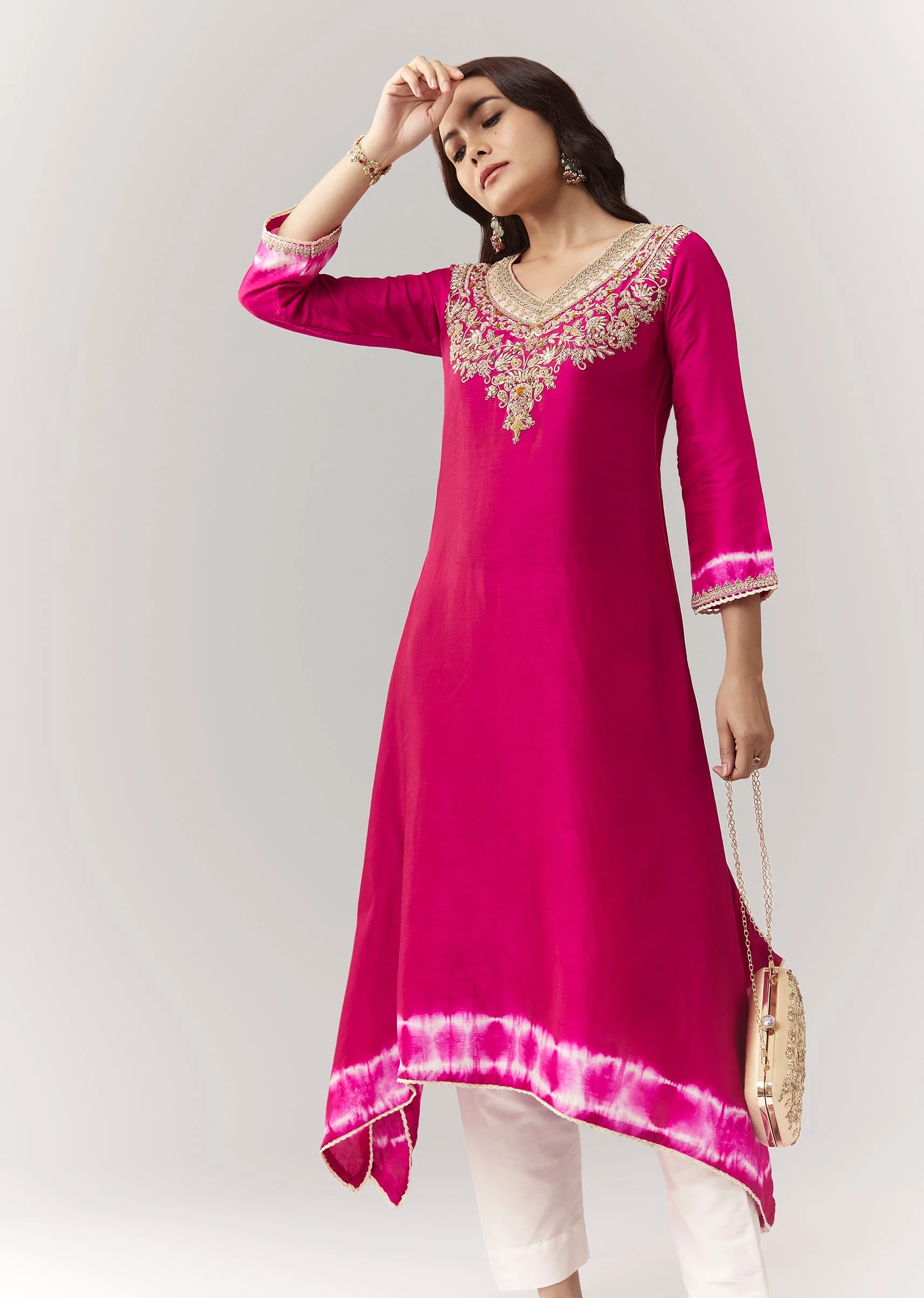 Pink Zardosi Kurta Straight Pant Coord With Leheriya Border - Image 4