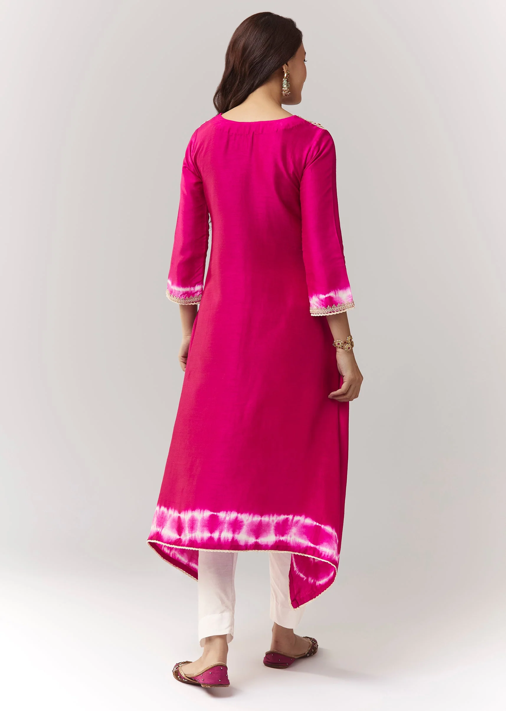 Pink Zardosi Kurta Straight Pant Coord With Leheriya Border - Image 5
