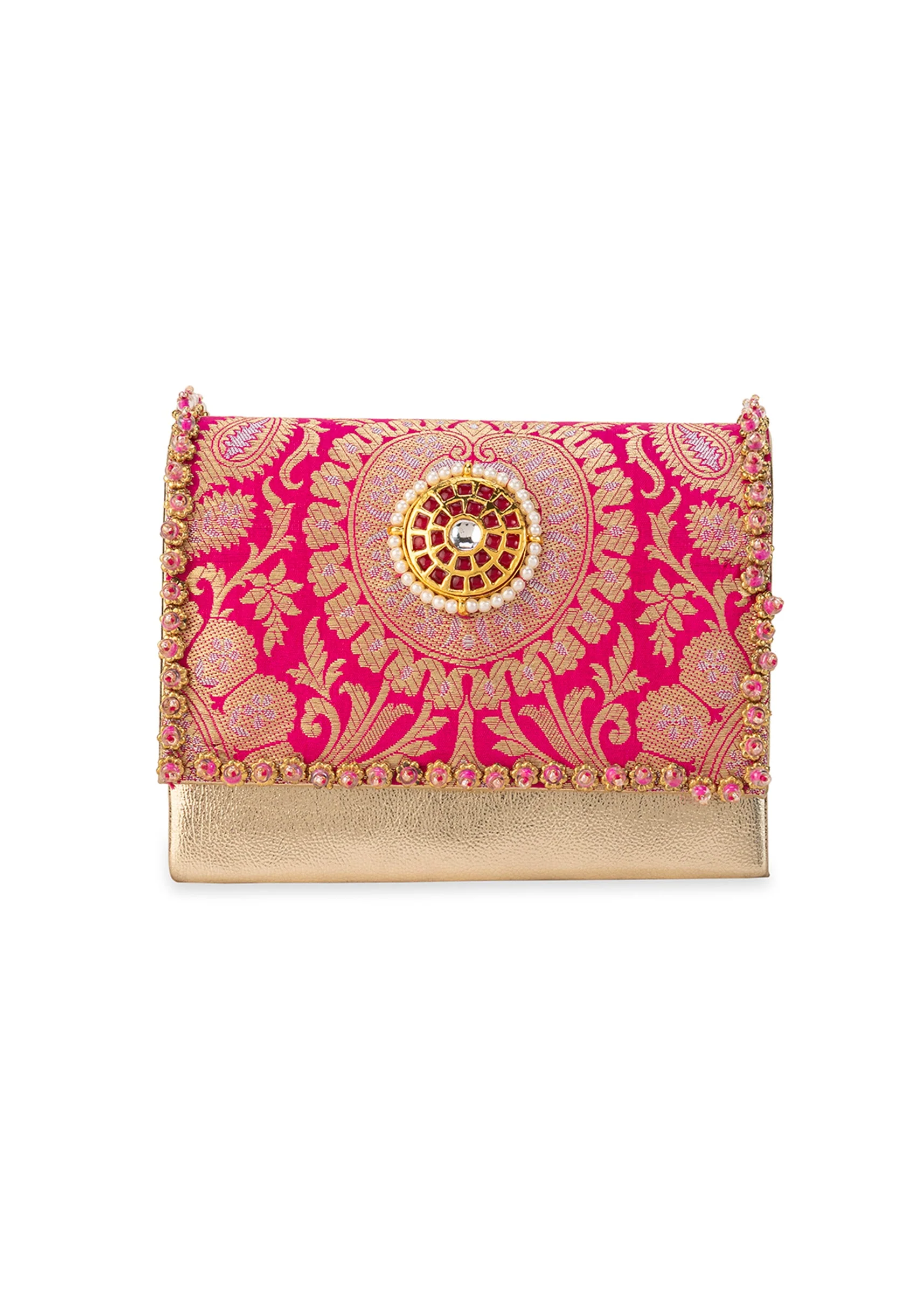 Pink Zari and Kundan Brocade Rectangular Flap Bag - Image 2