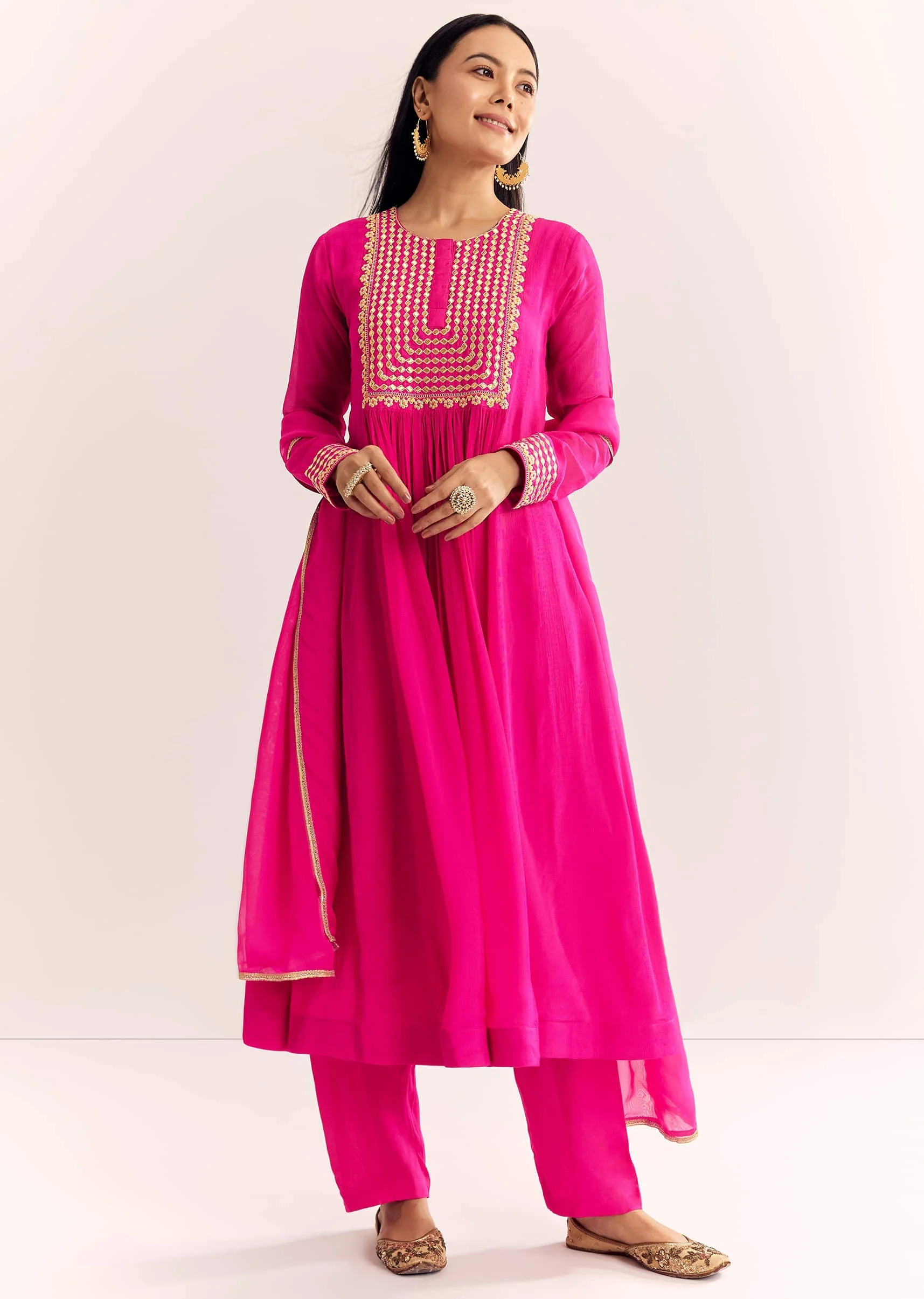 Pink Zari Neckline Chinon Anarkali Suit With Dupatta - Image 2