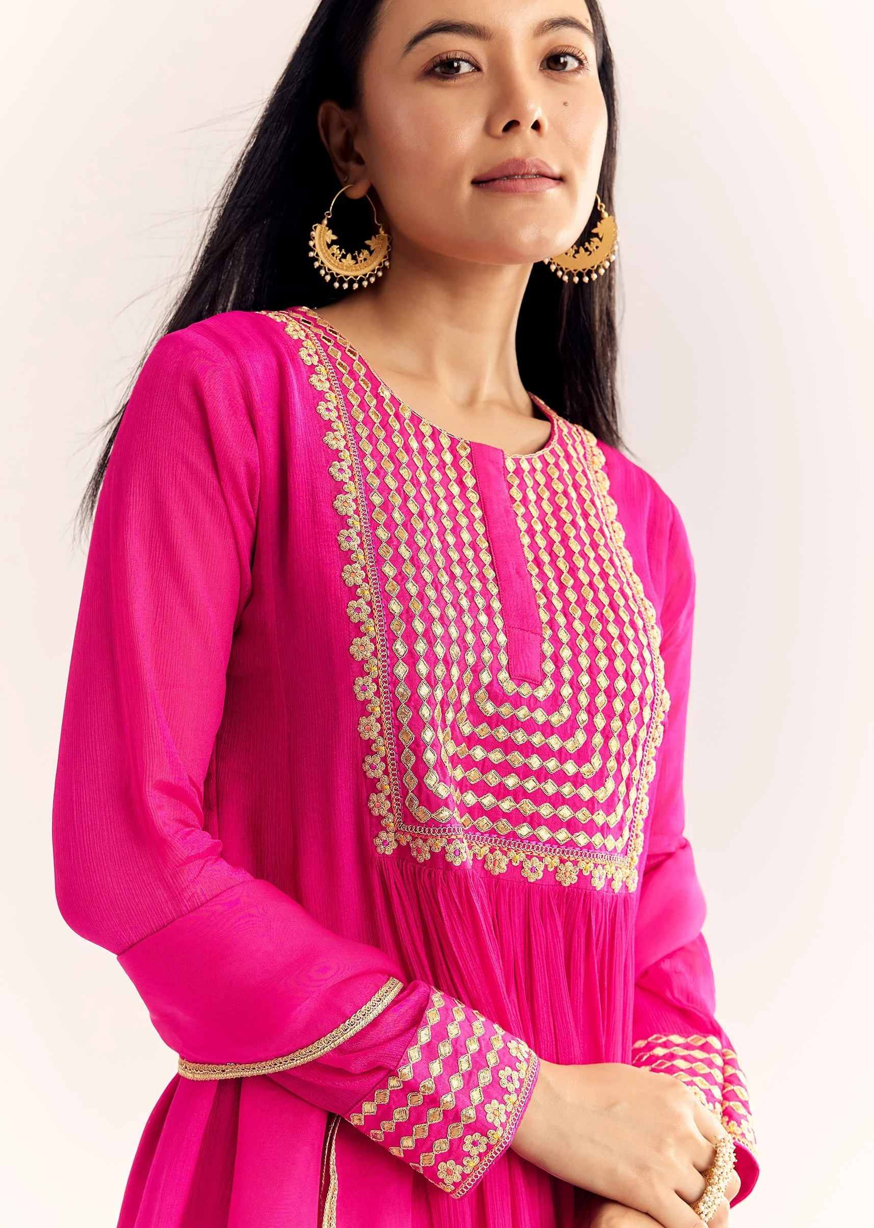 Pink Zari Neckline Chinon Anarkali Suit With Dupatta - Image 3