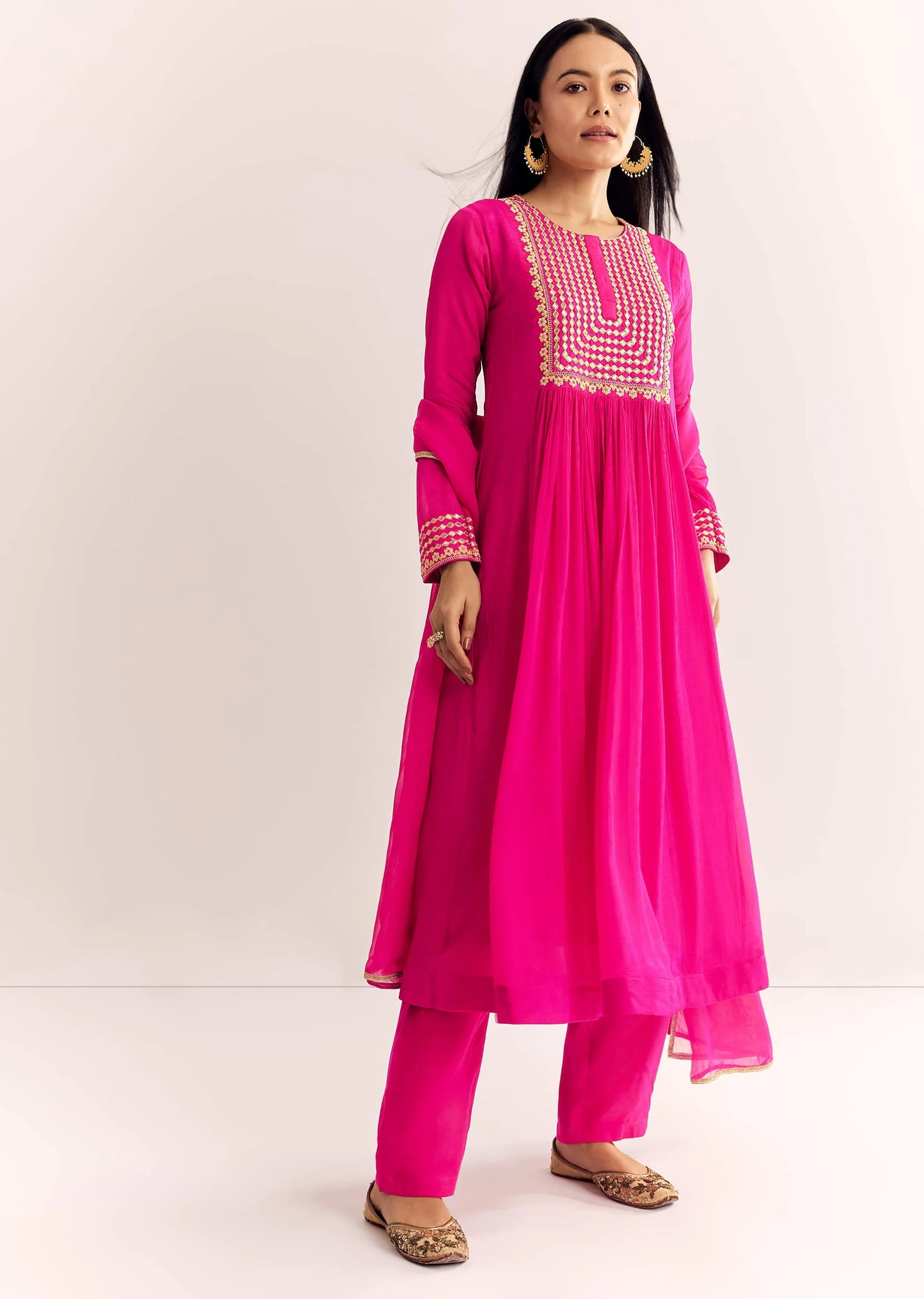 Pink Zari Neckline Chinon Anarkali Suit With Dupatta - Image 4