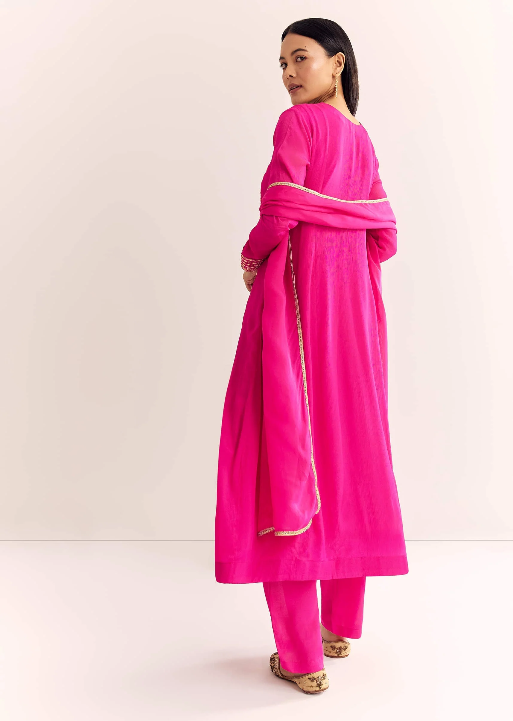 Pink Zari Neckline Chinon Anarkali Suit With Dupatta - Image 5