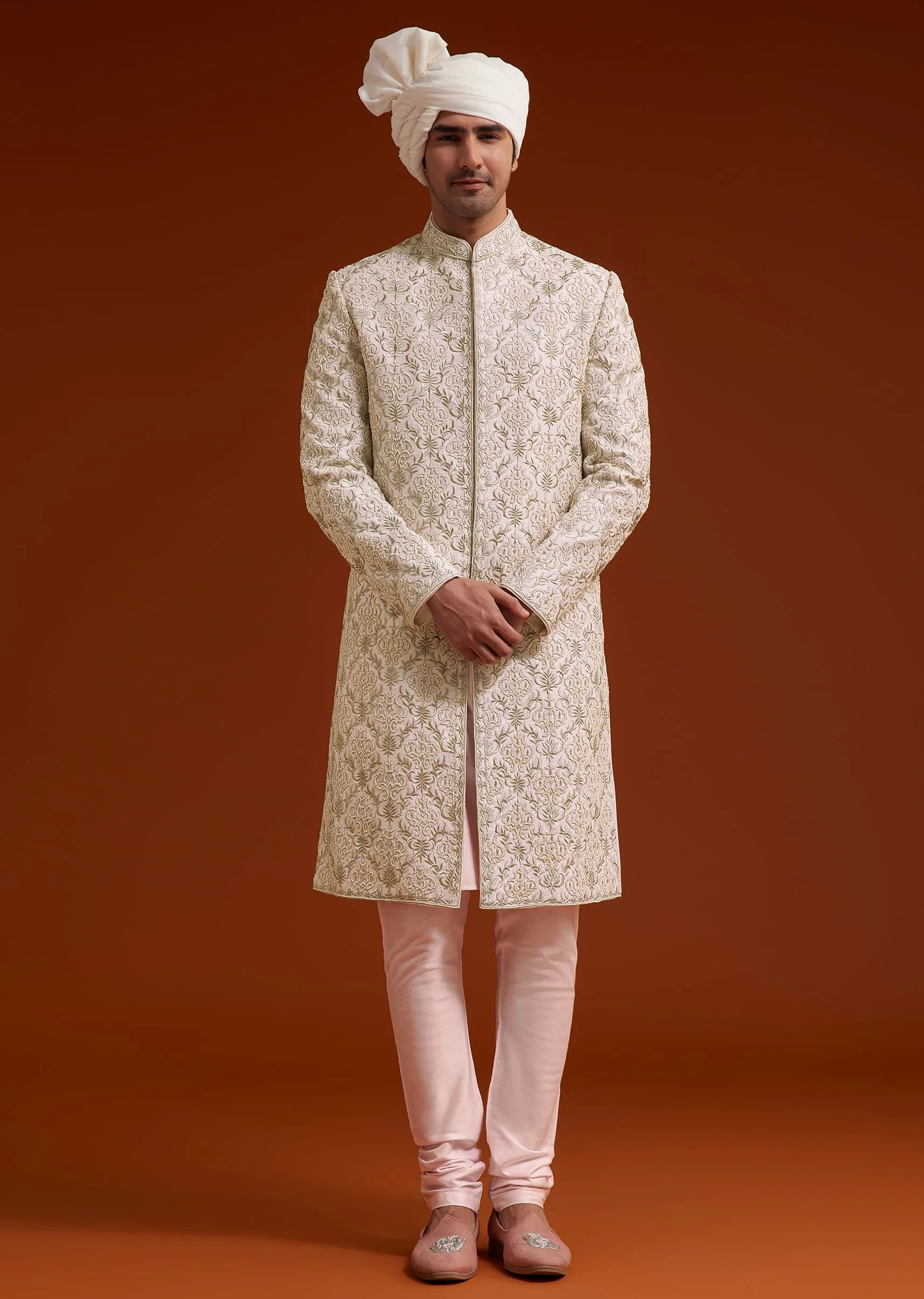 Pink Zari Pearl and Resham Embroidered Sherwani Set - Image 3