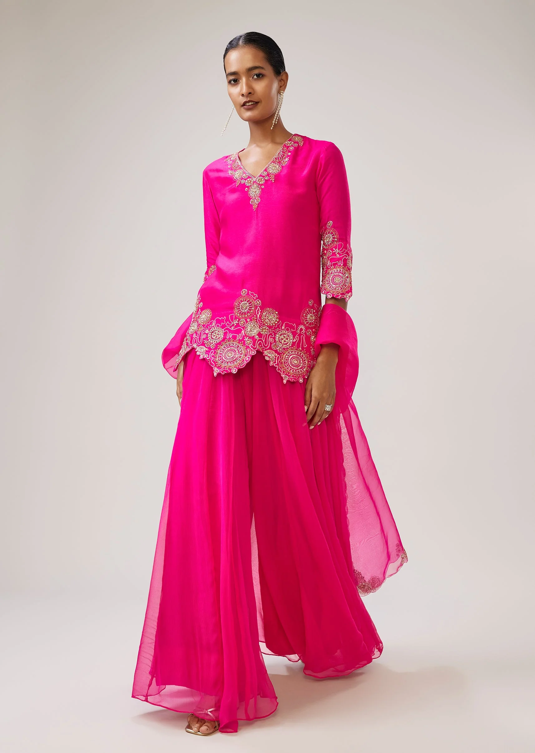 Pink Zari Sequin Resham Palazzo Suit With Dupatta