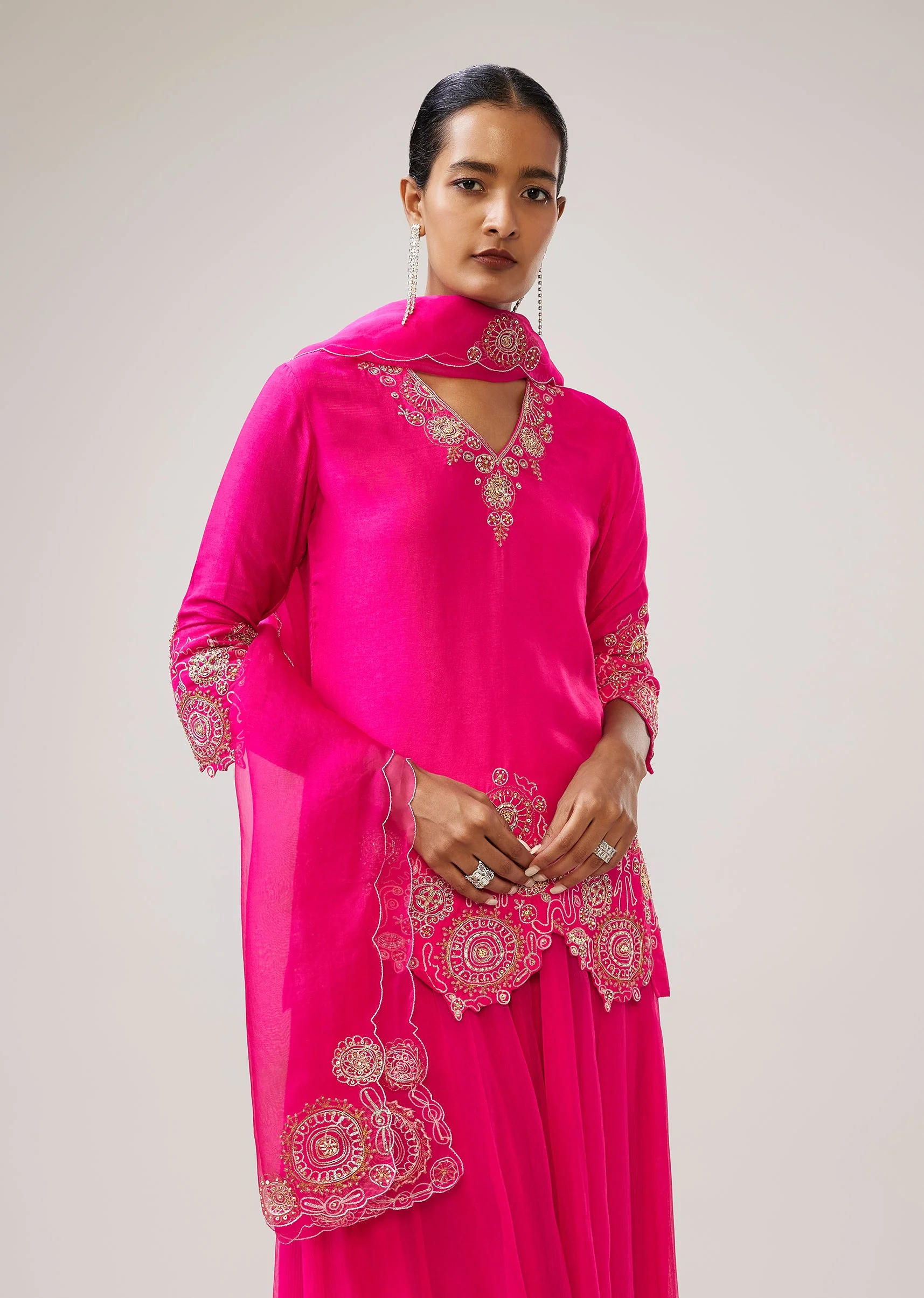 Pink Zari Sequin Resham Palazzo Suit With Dupatta - Image 4
