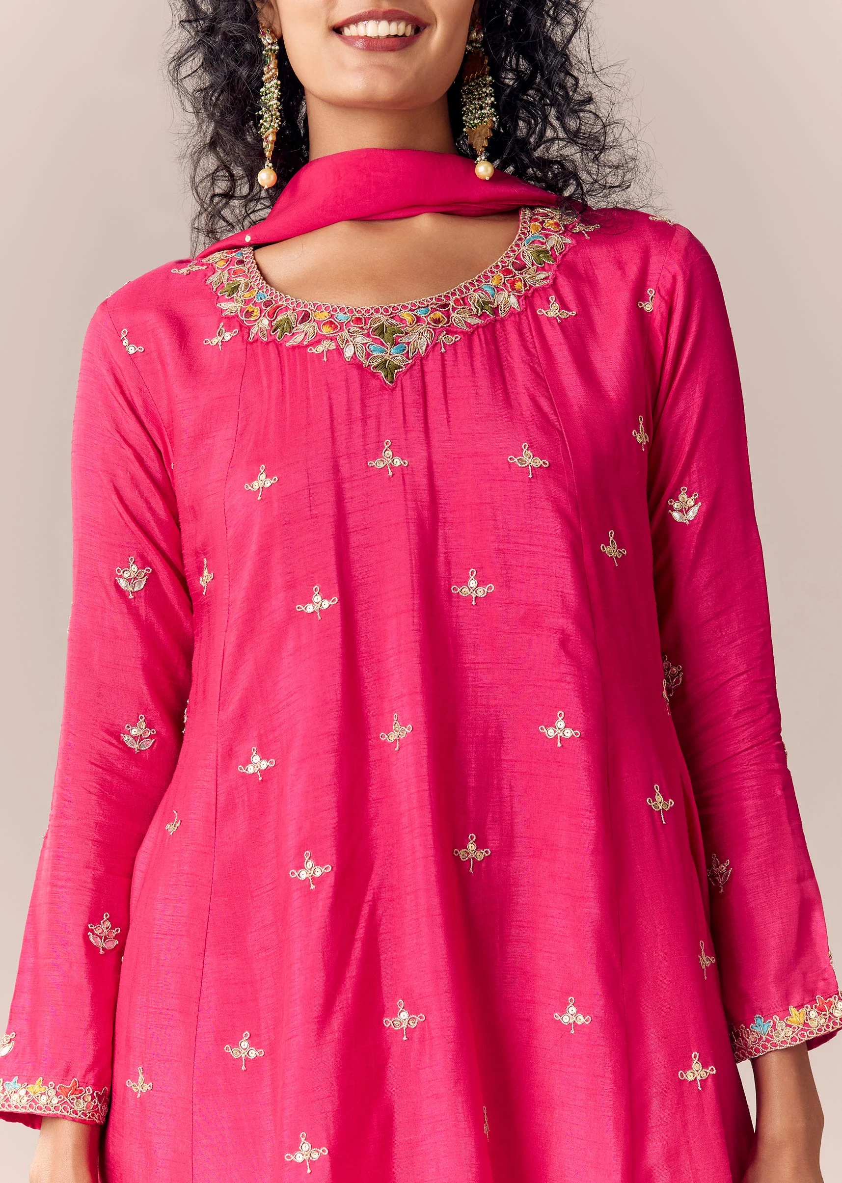 Pink Zari Work Anarkali Palazzo Set With Dupatta - Image 2