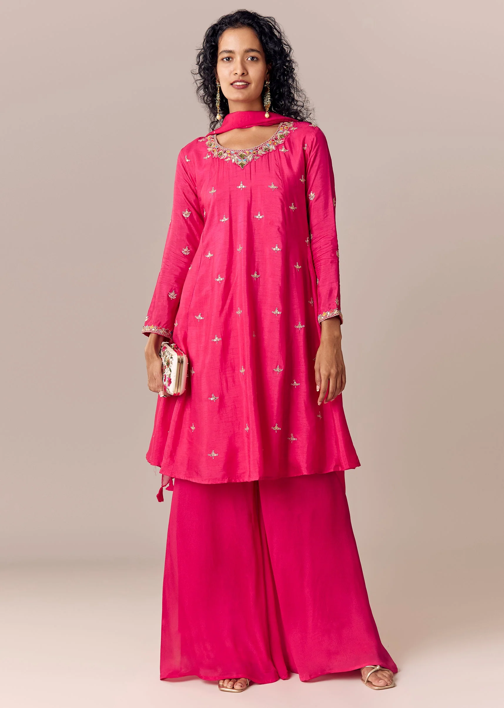 Pink Zari Work Anarkali Palazzo Set With Dupatta - Image 3