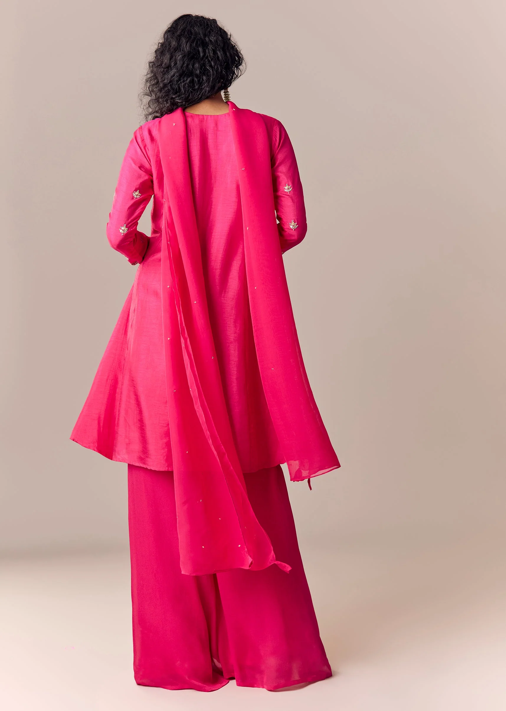 Pink Zari Work Anarkali Palazzo Set With Dupatta - Image 5