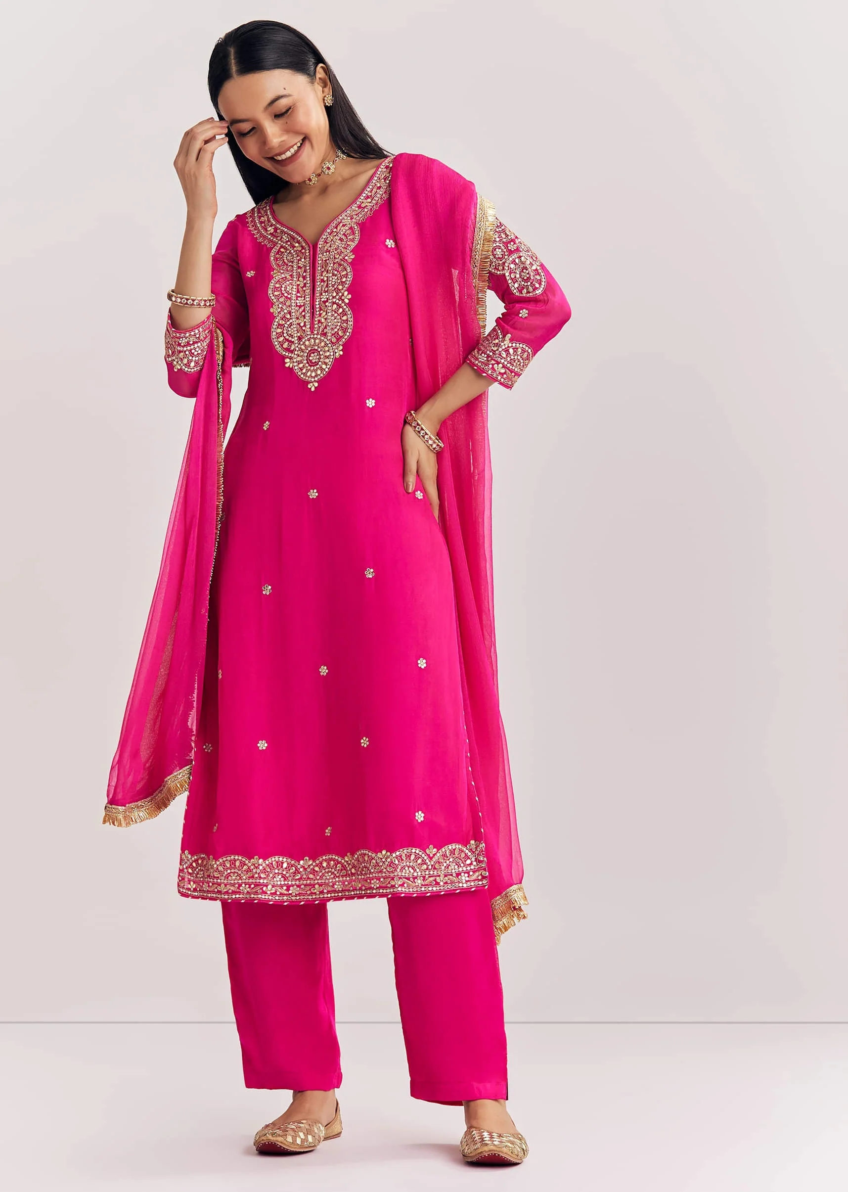Pink Zari Work Kurta Set With Chiffon Dupatta - Image 3