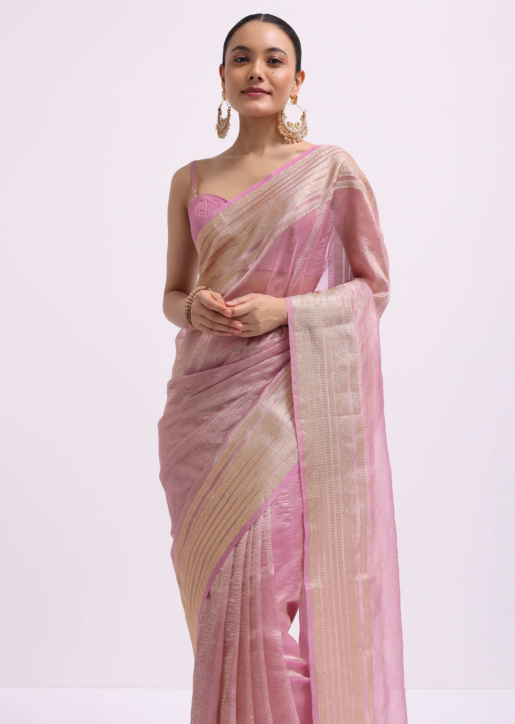 Pink Zari Woven Chanderi Saree With Unstitched Blouse - Image 2