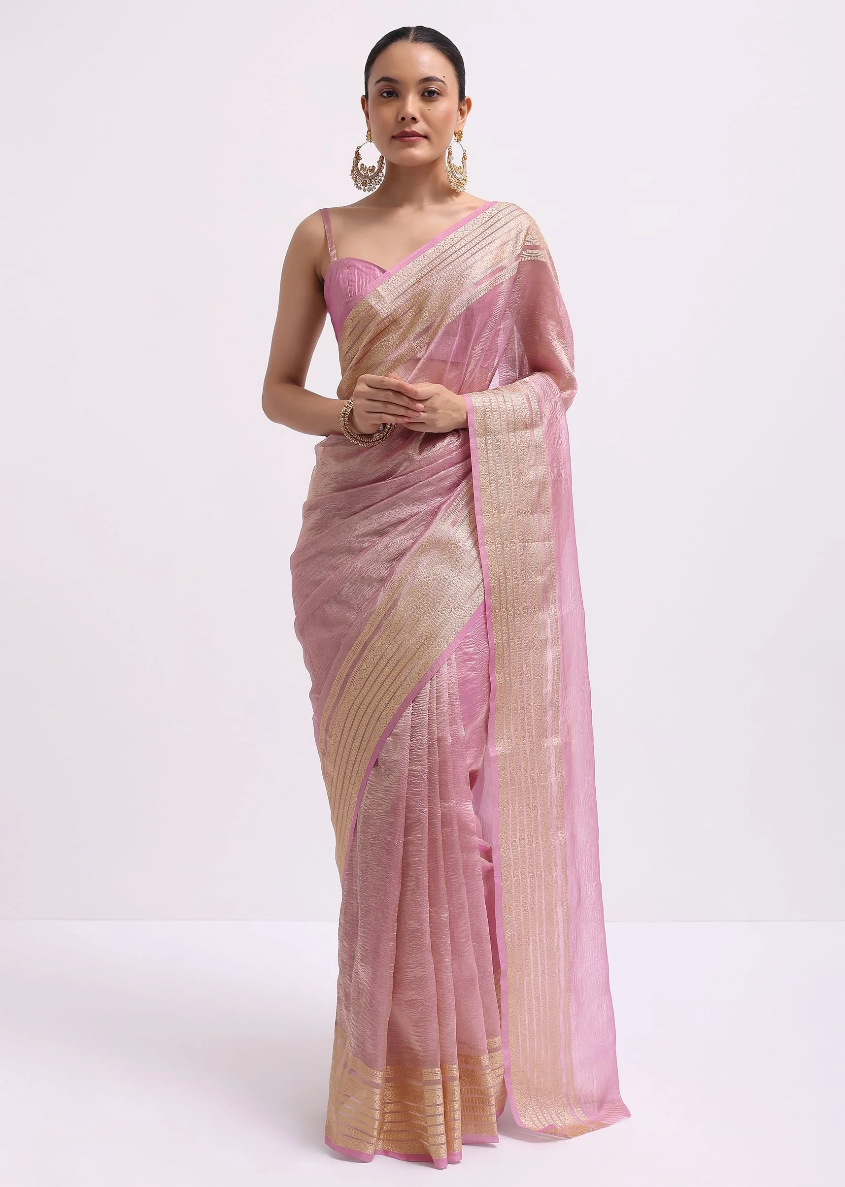 Pink Zari Woven Chanderi Saree With Unstitched Blouse - Image 3