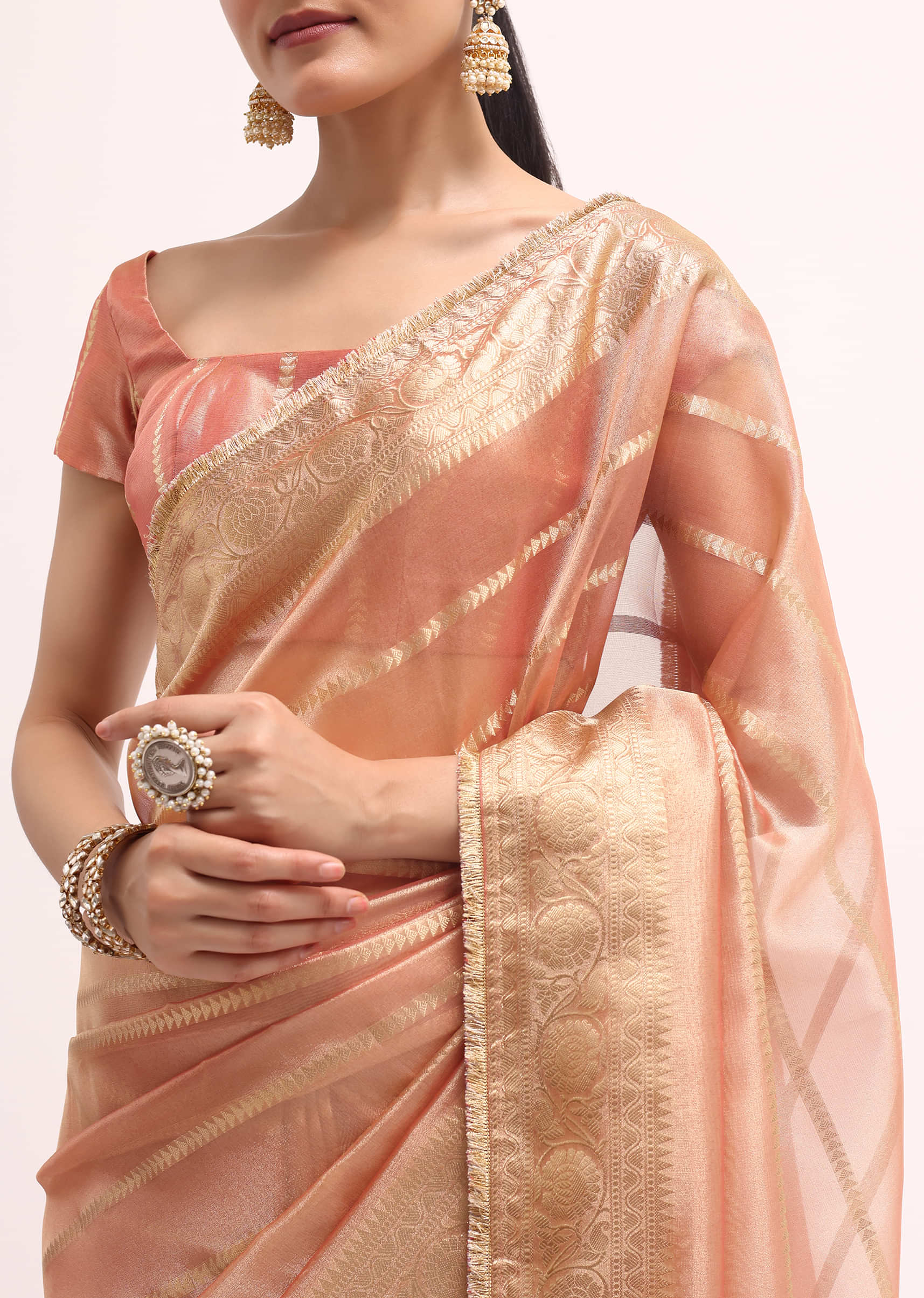 Pinkish Gold Zari Chanderi Silk Saree With Unstitched Border - Image 3