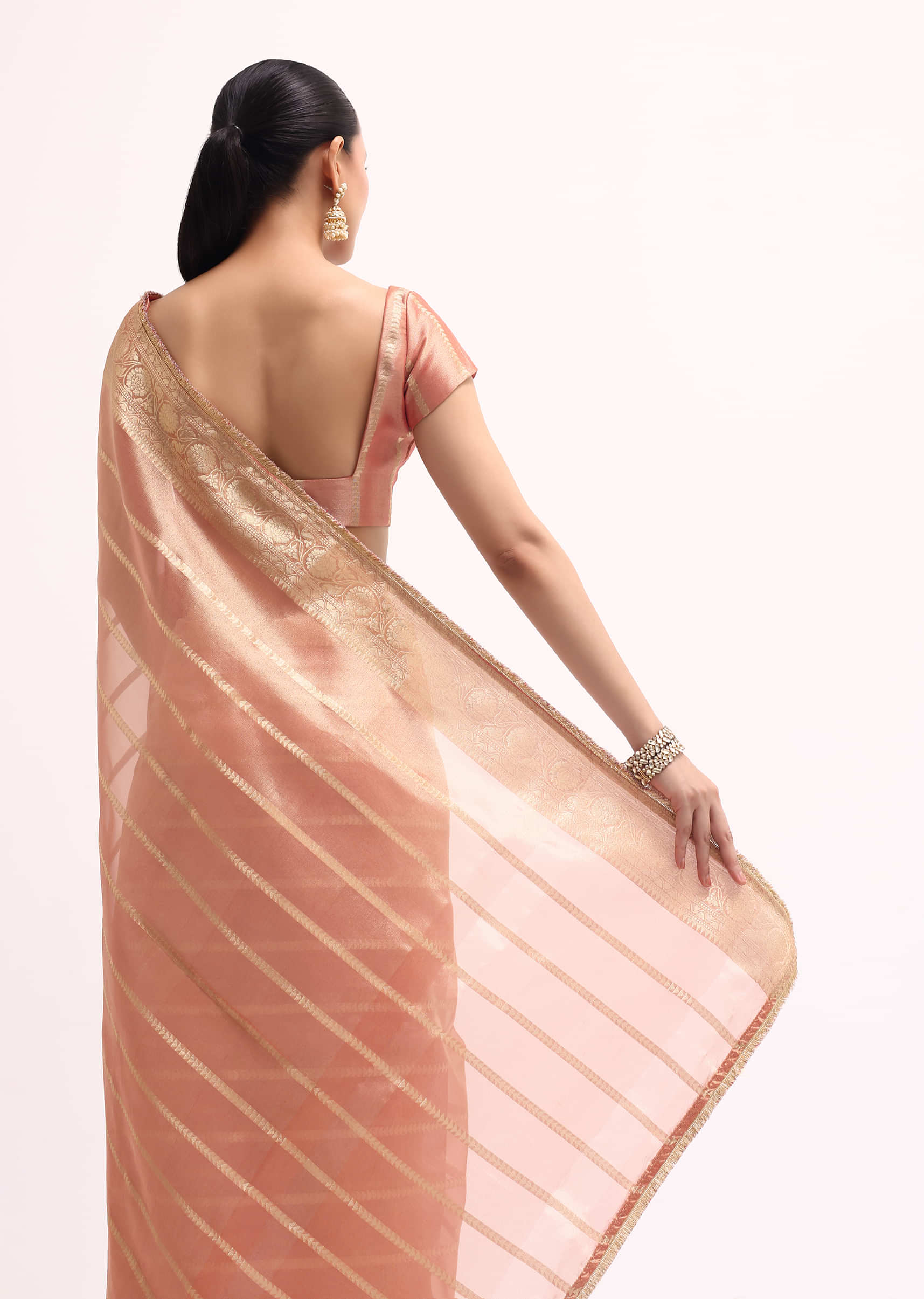 Pinkish Gold Zari Chanderi Silk Saree With Unstitched Border - Image 6
