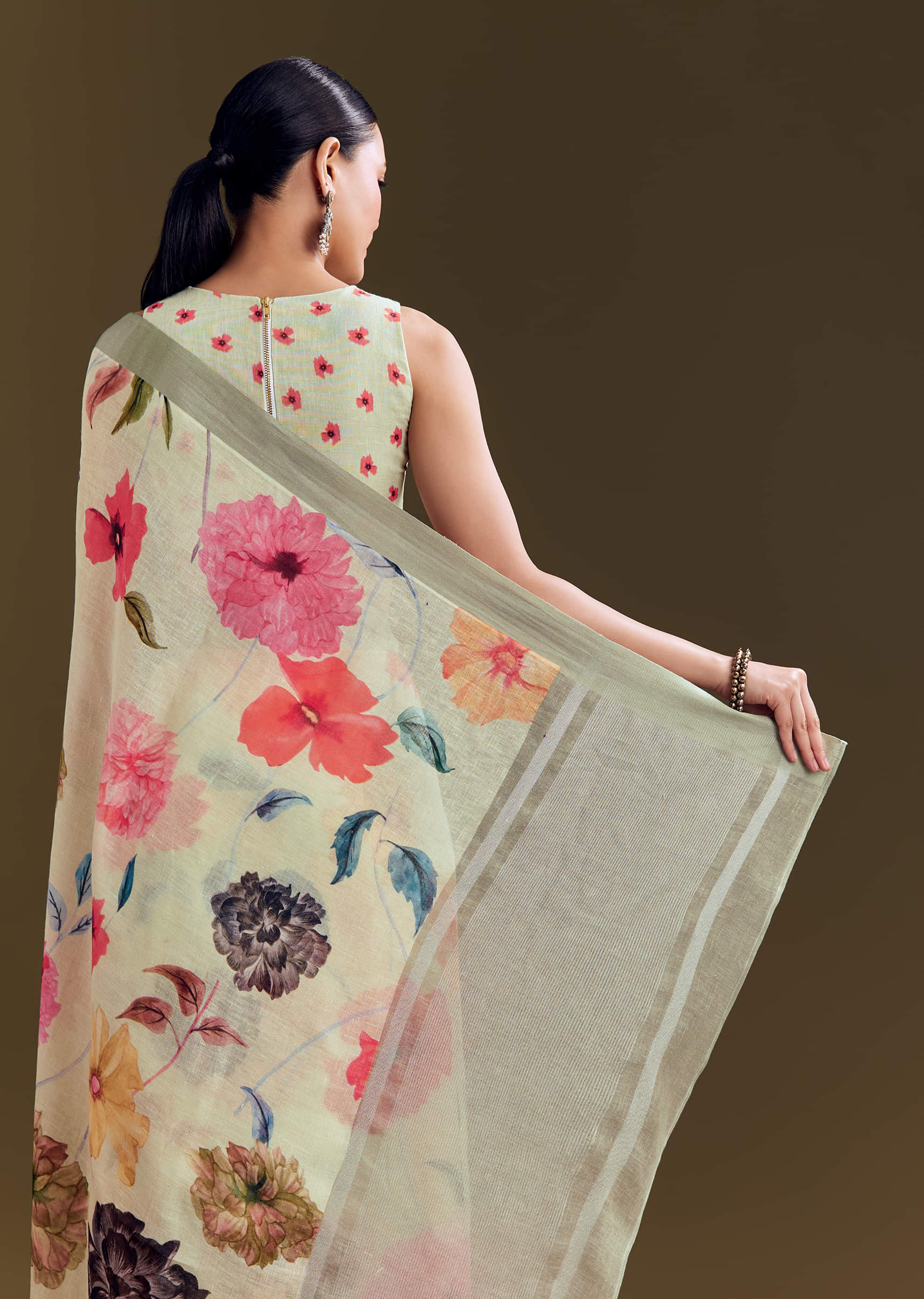 Pista Cotton Linen Saree With Multicolor Florals - Image 5