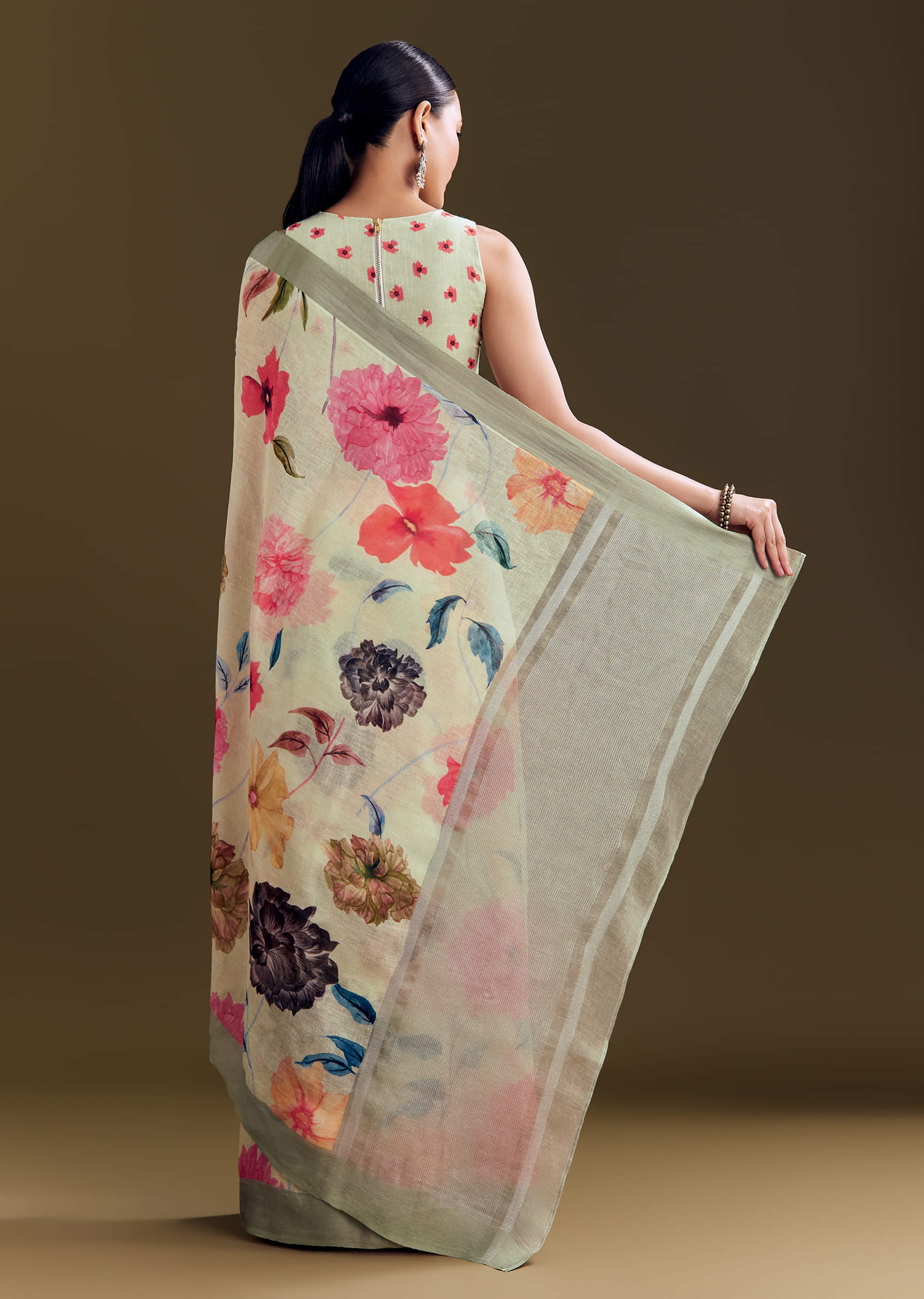 Pista Cotton Linen Saree With Multicolor Florals - Image 6