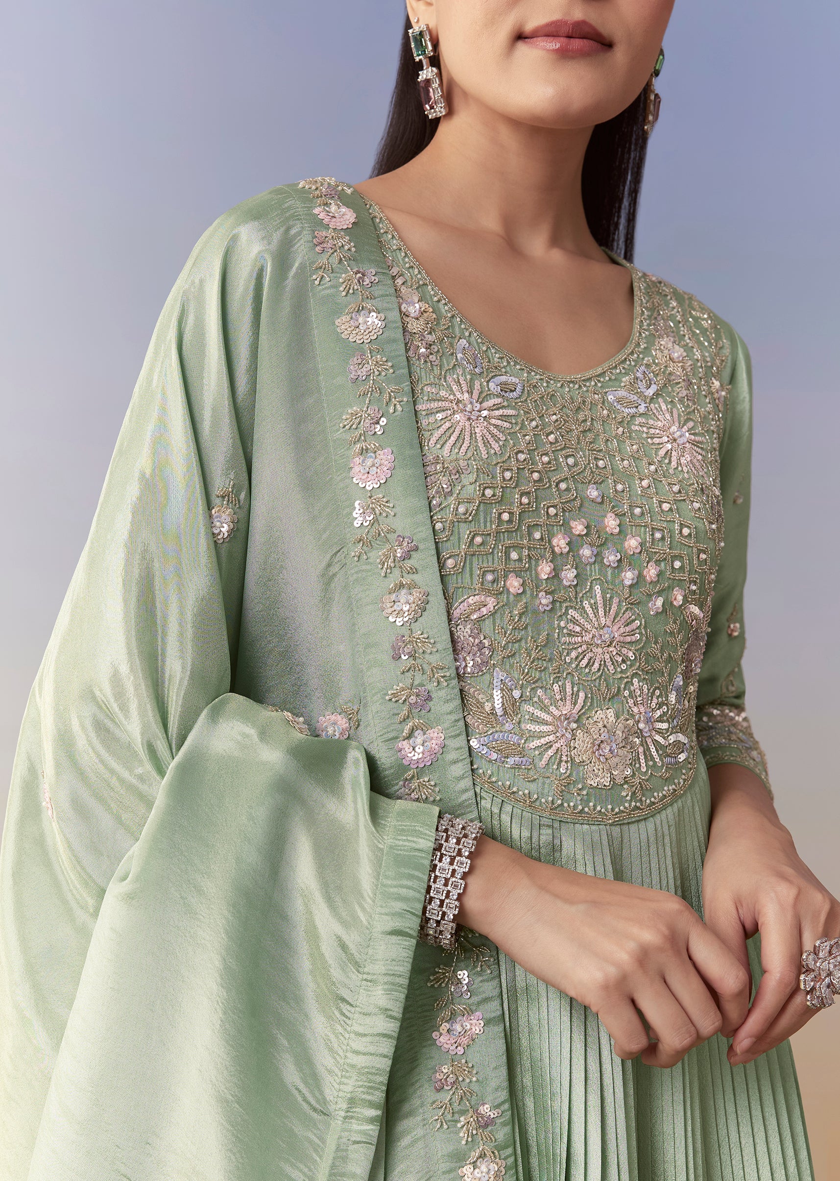 Pista Green Anarkali Set with Front Pleats - Image 2