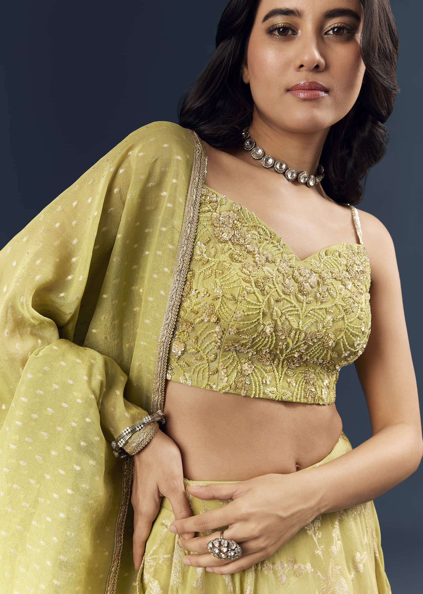 Pista Green Banarasi Silk Bridesmaid Lehenga With Heavy Hand Embroidery - Image 3