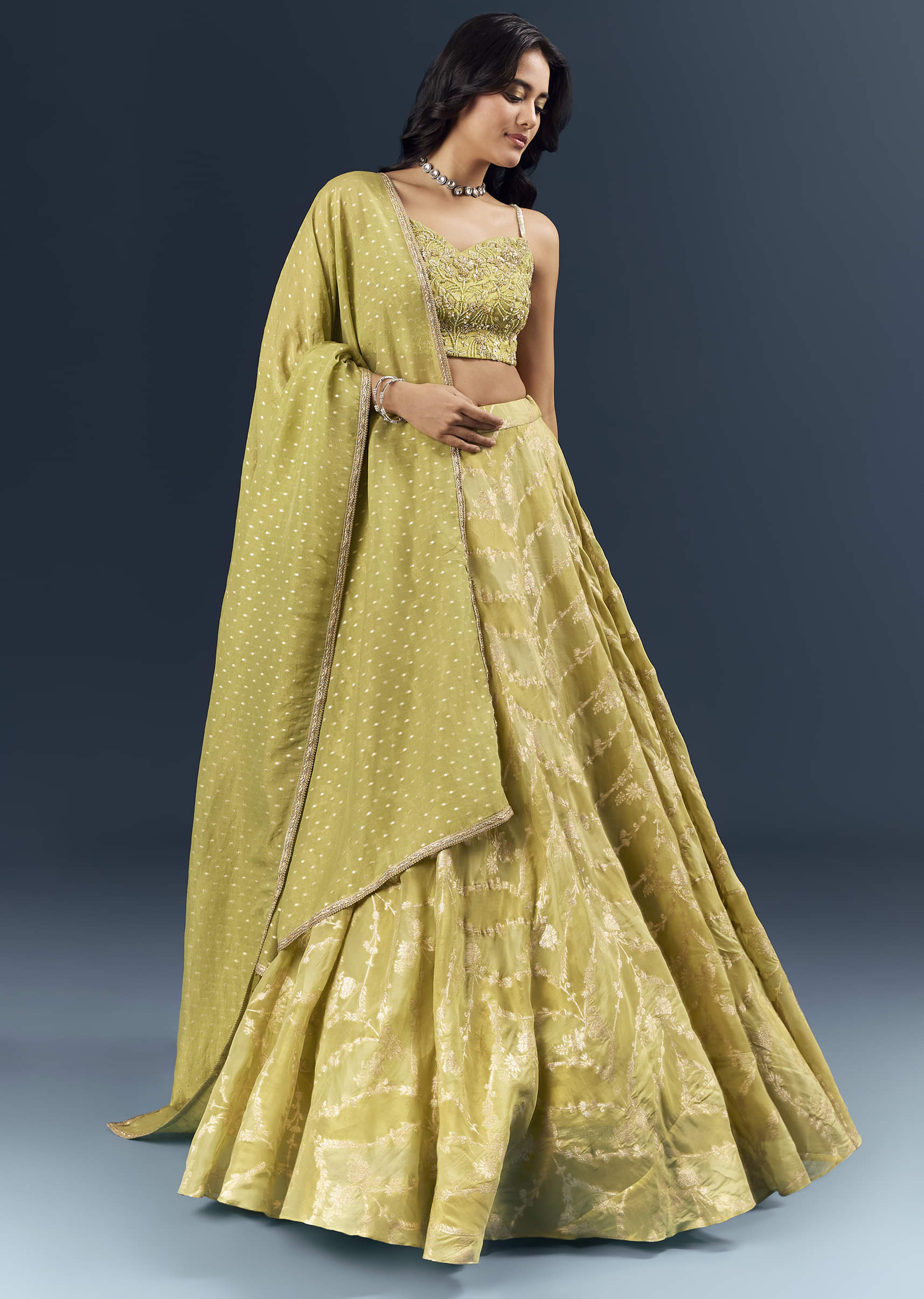 Pista Green Banarasi Silk Bridesmaid Lehenga With Heavy Hand Embroidery - Image 4