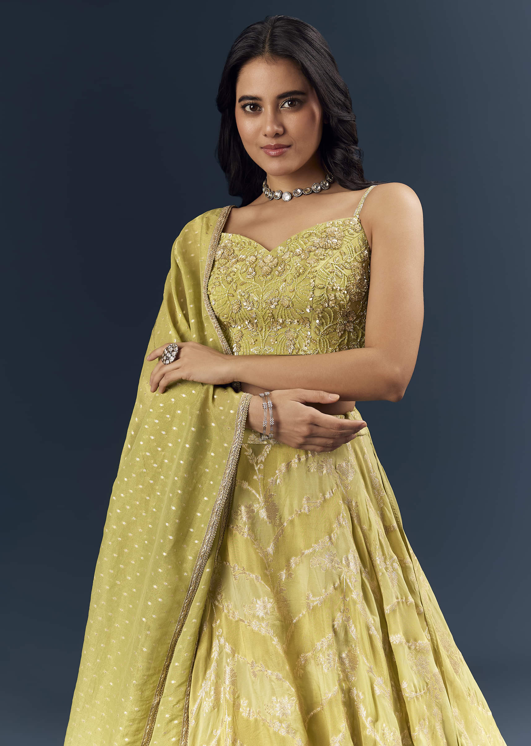 Pista Green Banarasi Silk Bridesmaid Lehenga With Heavy Hand Embroidery - Image 5