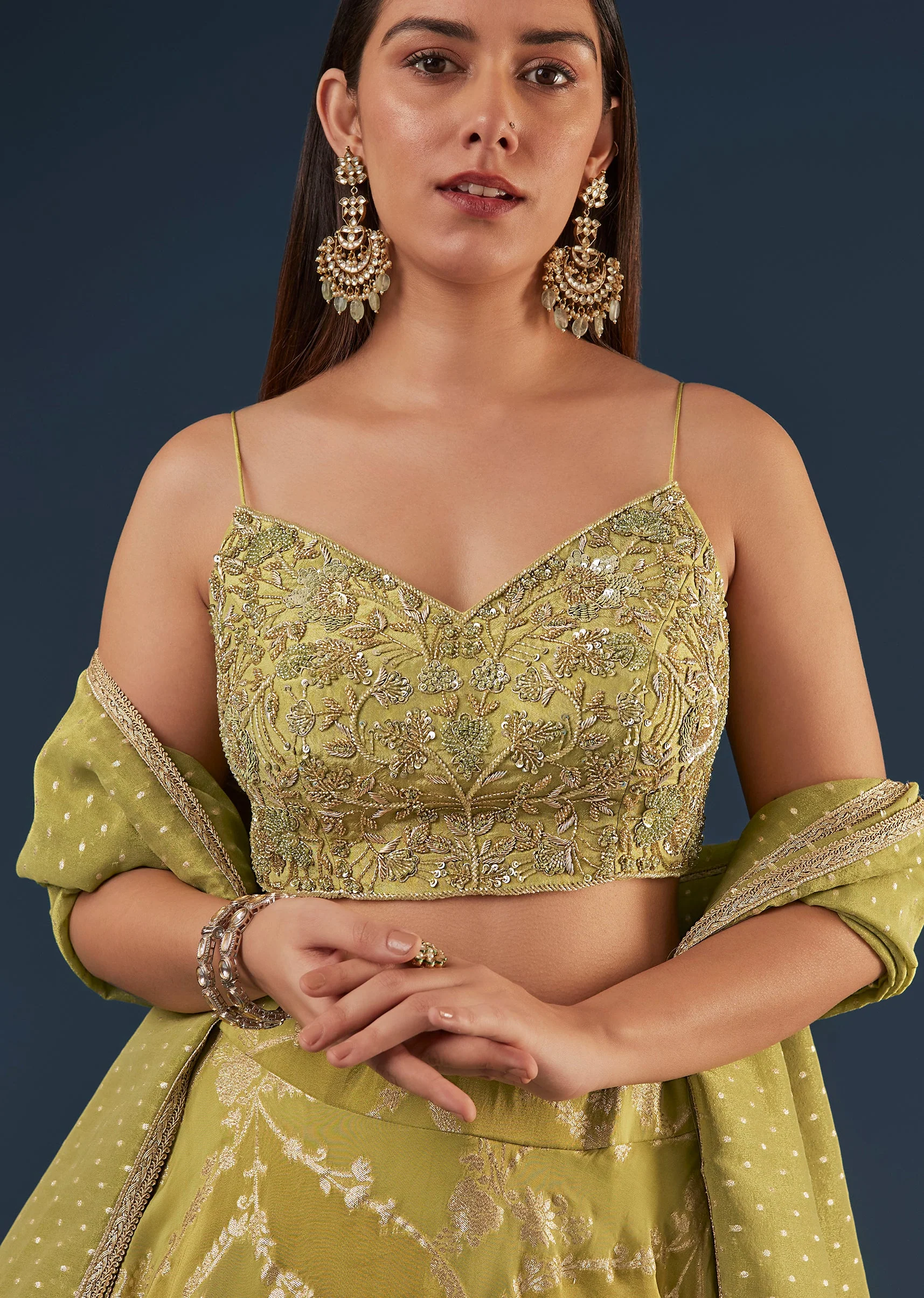 Pista Green Banarasi Silk Lehenga Set With Sequin Bead Detailing - Image 3