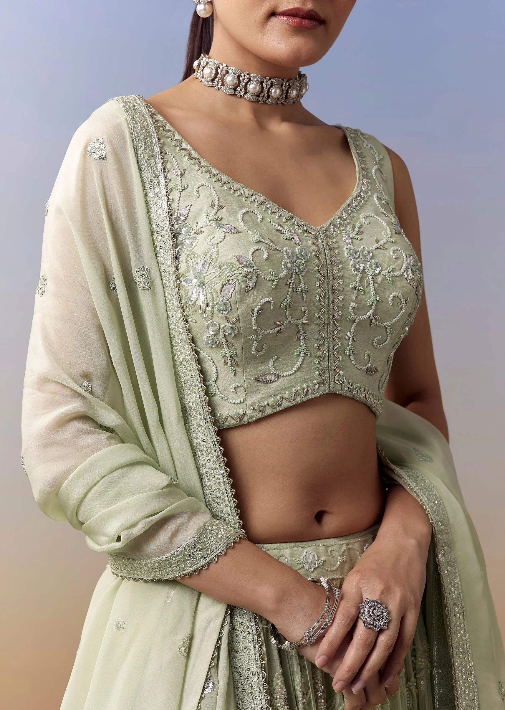 Pista Green Celebration Duo – Embellished Lehenga For Her And Jodhpuri Set For Him - Image 5