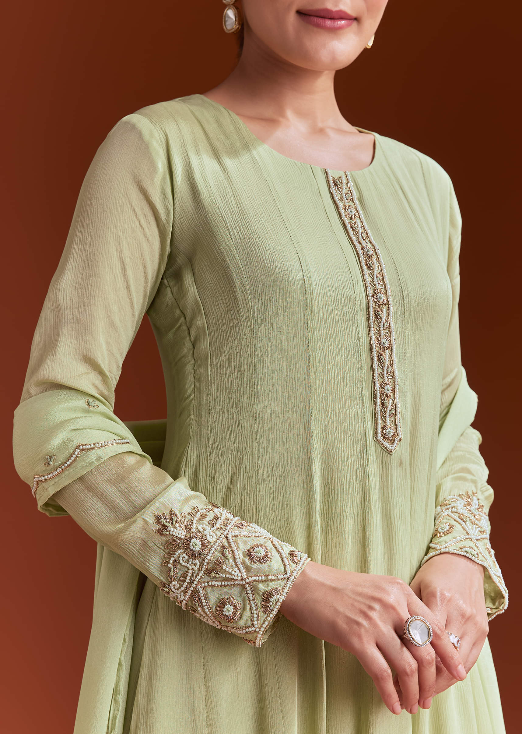 Pista Green Chinon Anarkali Suit With Beads And Stone Work - Image 2