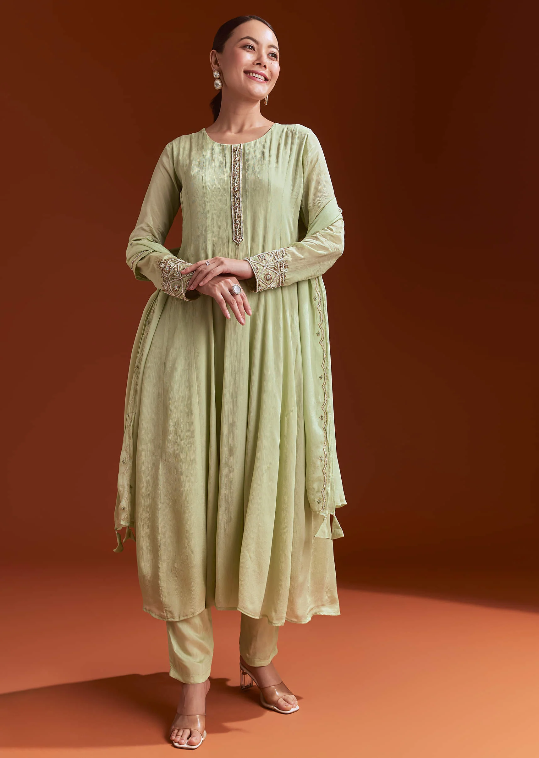 Pista Green Chinon Anarkali Suit With Beads And Stone Work - Image 3