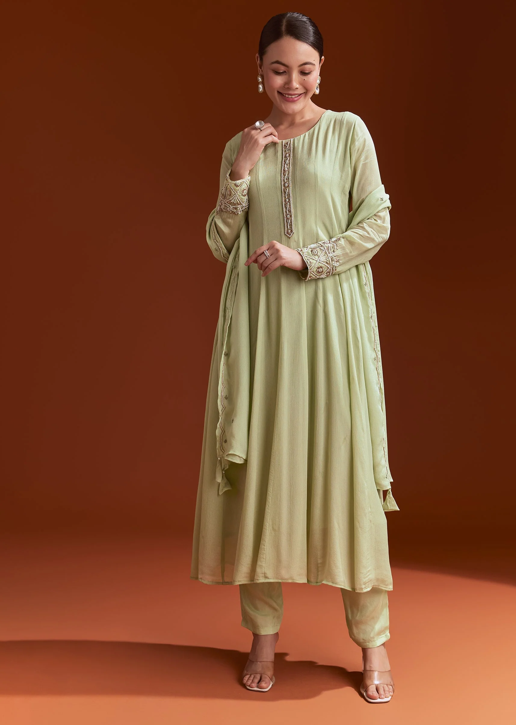 Pista Green Chinon Anarkali Suit With Beads And Stone Work - Image 4