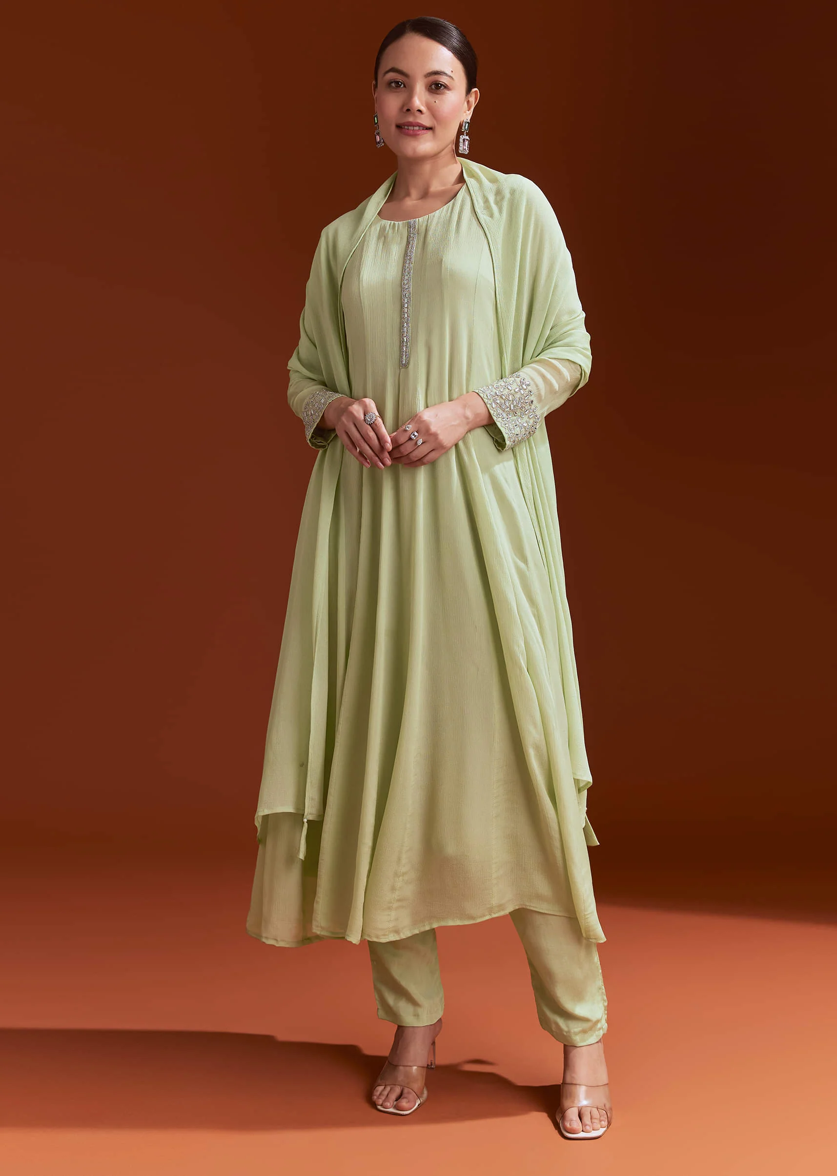 Pista Green Chinon Beaded Stone Work Anarkali Suit - Image 2