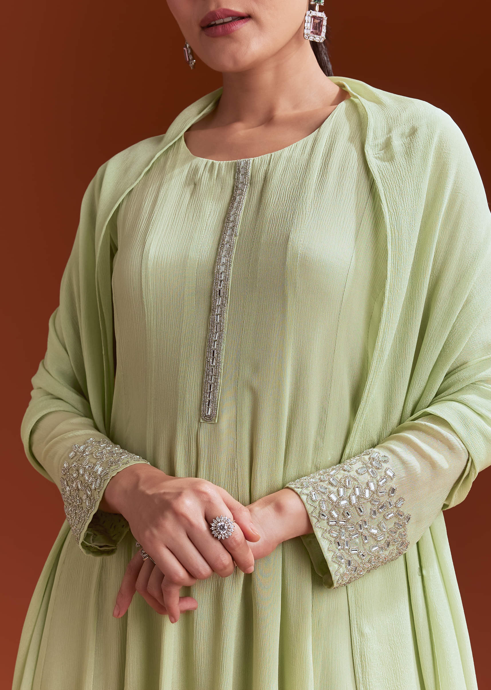 Pista Green Chinon Beaded Stone Work Anarkali Suit - Image 3