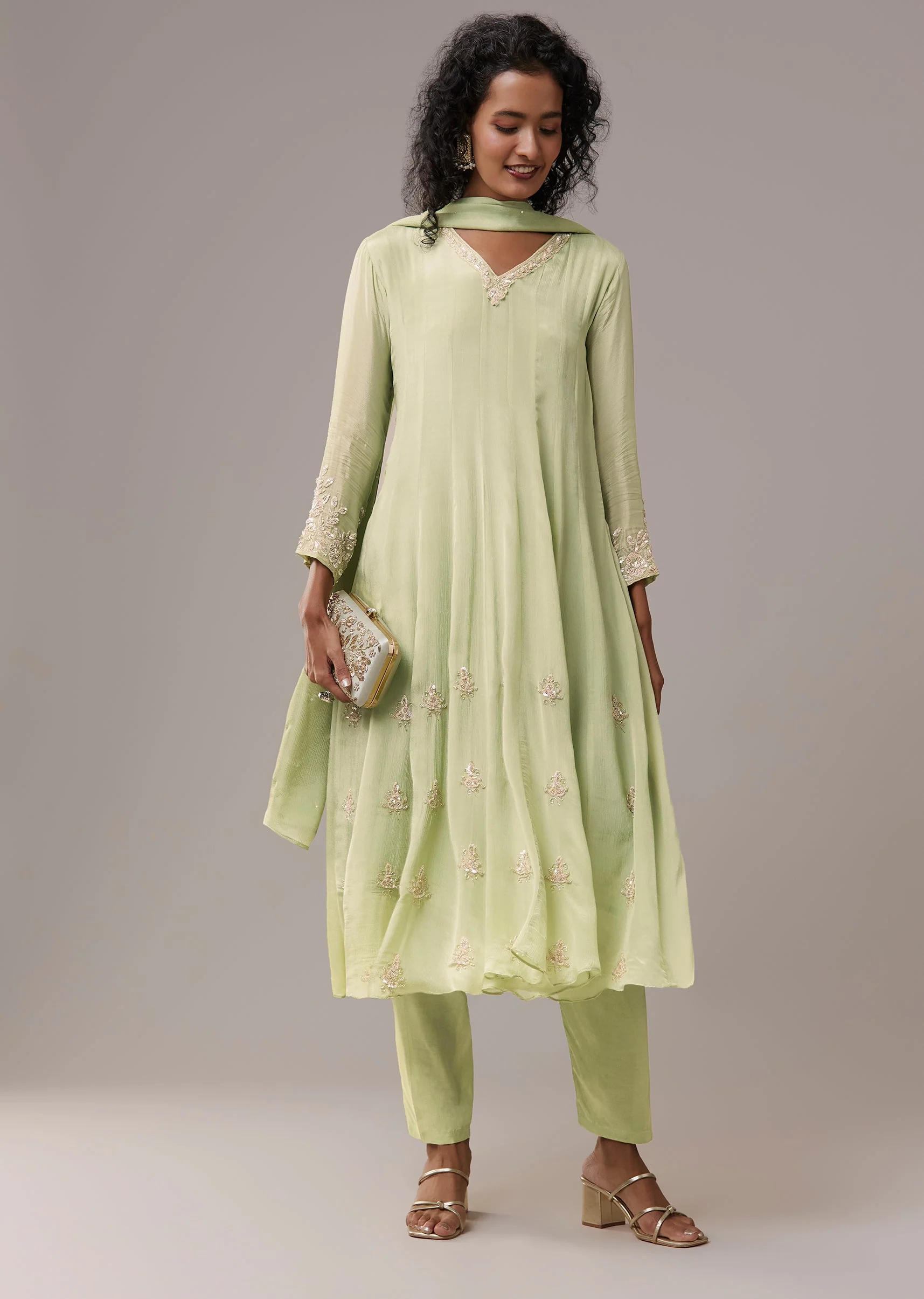 Pista Green Chinon Cutdana Embroidered Anarkali Set - Image 3