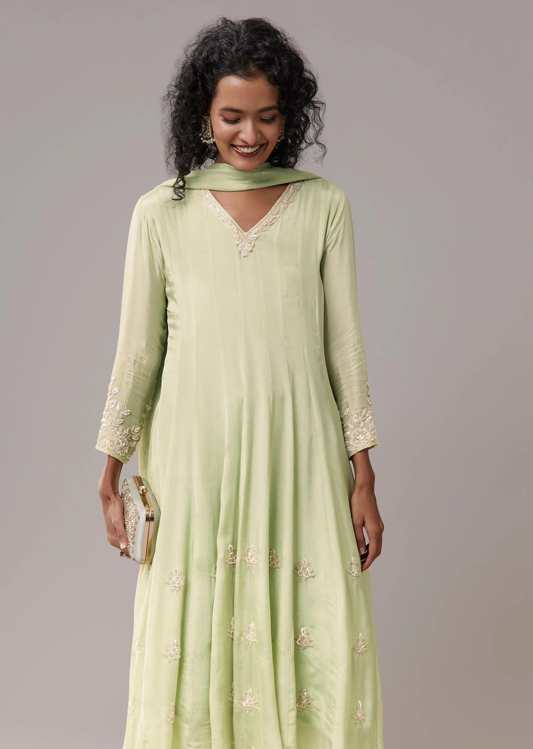 Pista Green Chinon Cutdana Embroidered Anarkali Set - Image 4
