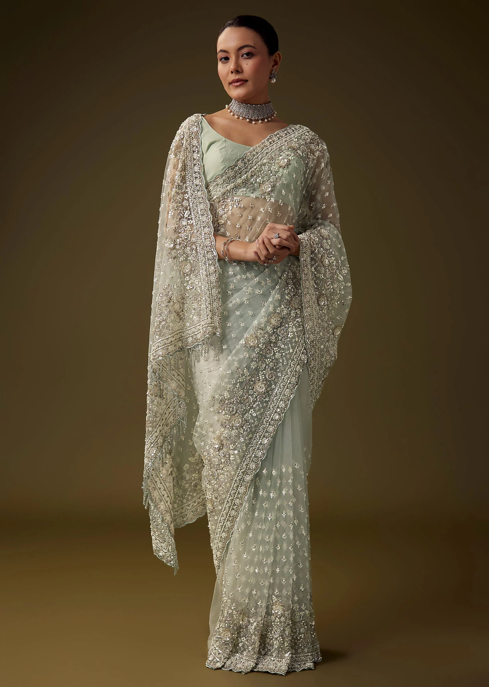 Pista Green Cutdana Work Saree with Unstitched Blouse - Image 3