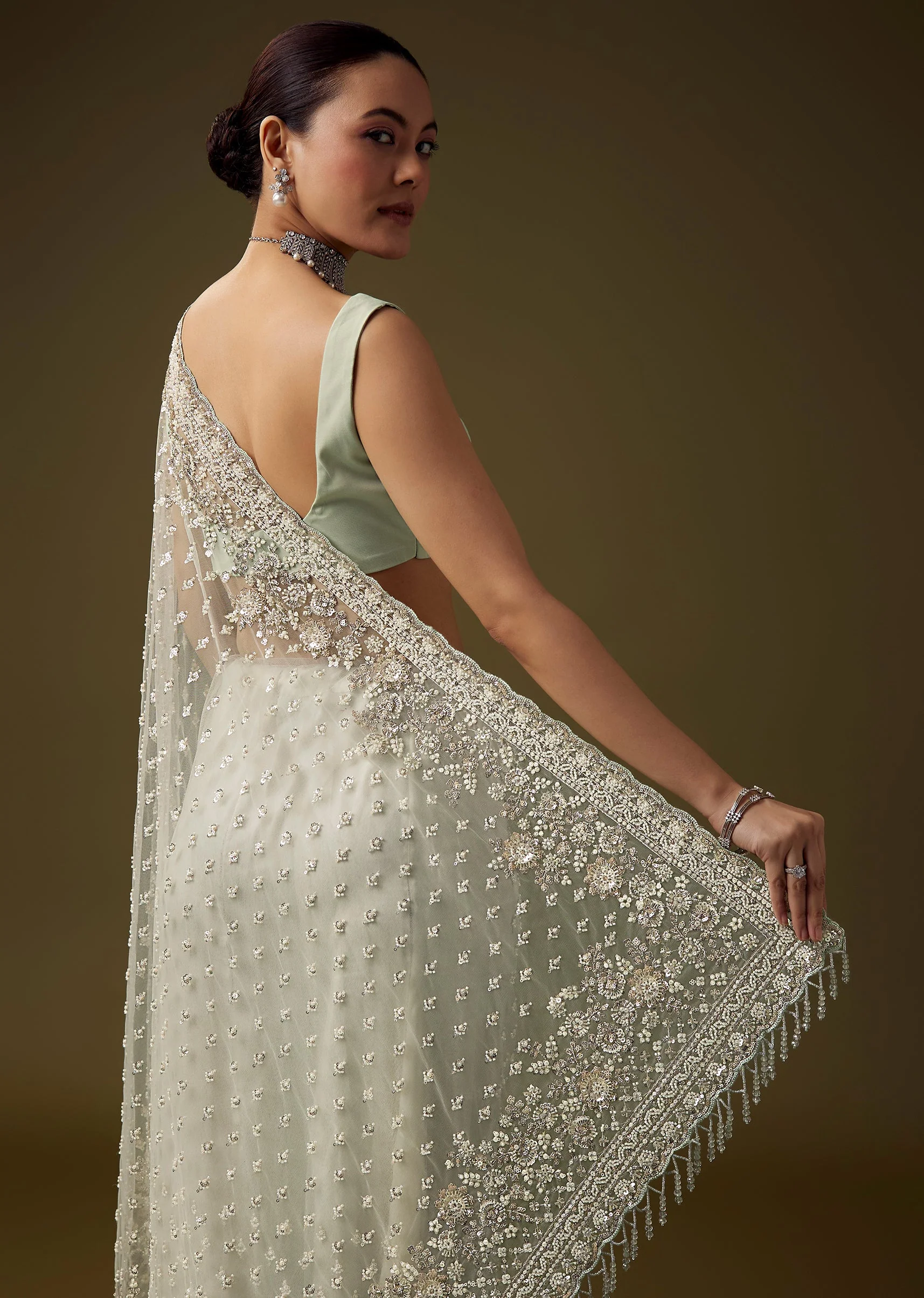 Pista Green Cutdana Work Saree with Unstitched Blouse - Image 6