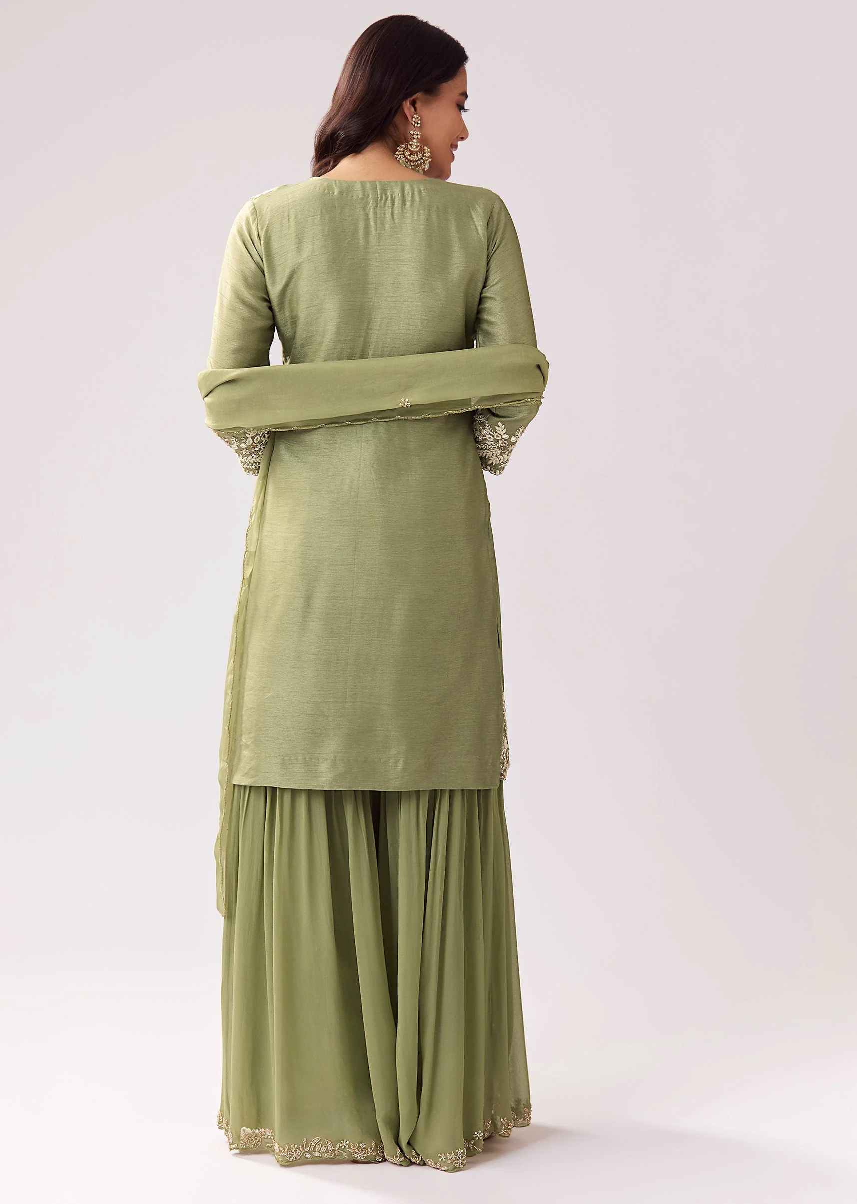 Pista Green Eid Pairing – Mirror Work Sharara Set For Her And Olive Silk Embellished Kurta Set For Him - Image 5