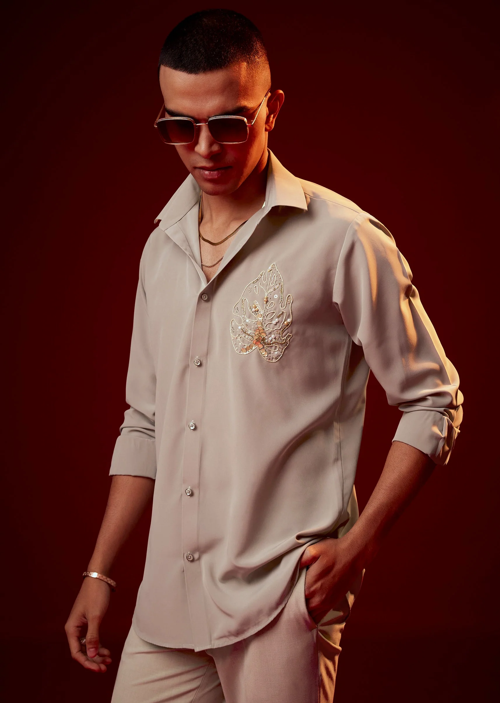 Pista Green Embellished Polyester Party Shirt - Image 3