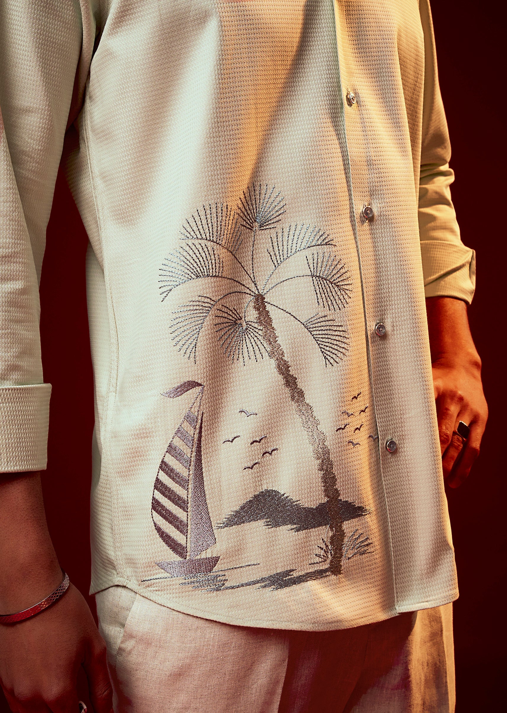 Pista Green Embroidered Mandarin Collar Shirt - Image 2