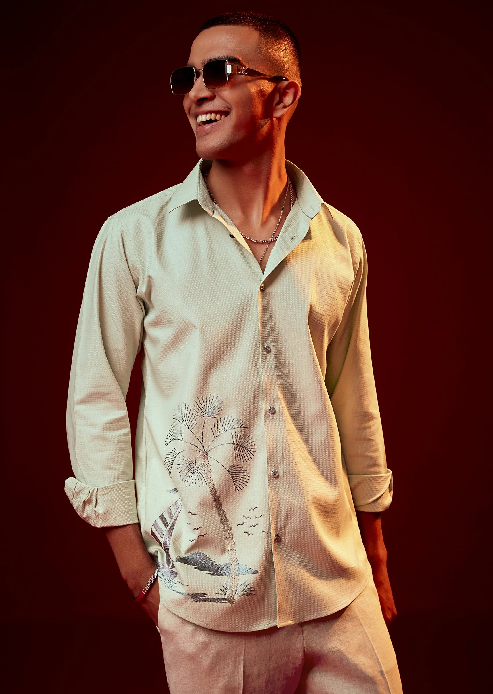 Pista Green Embroidered Mandarin Collar Shirt - Image 3