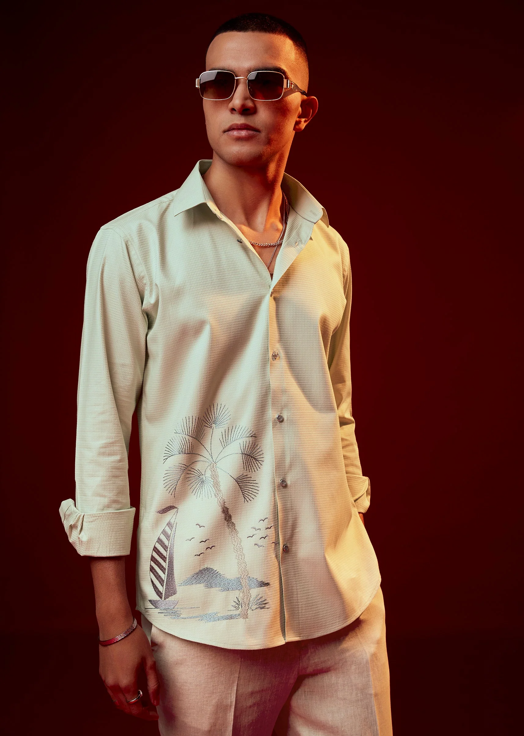 Pista Green Embroidered Mandarin Collar Shirt - Image 4
