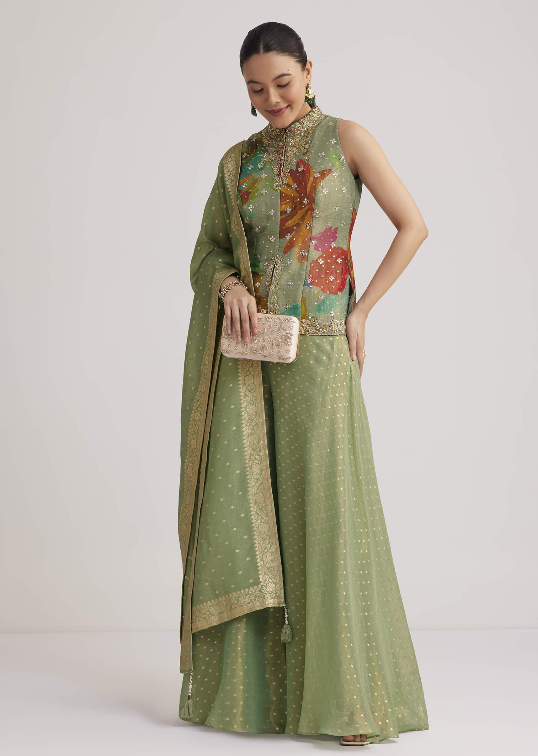 Pista Green Floral Embroidered Palazzo Set - Image 8
