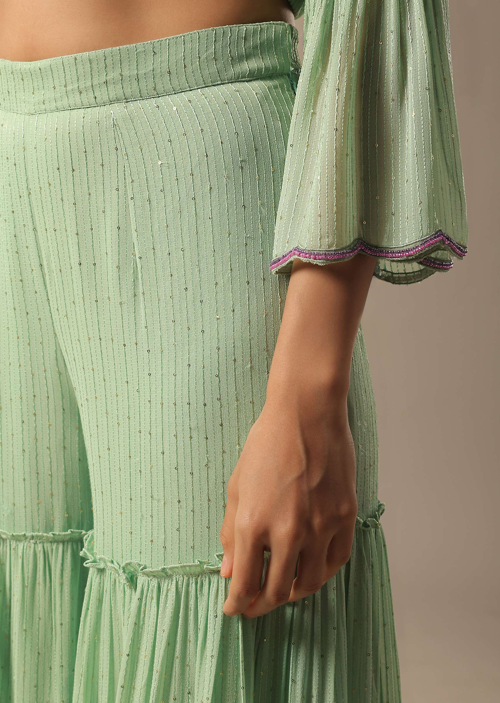 Pista Green Georgette Sharara Set With Peplum Top And Dupatta - Image 2