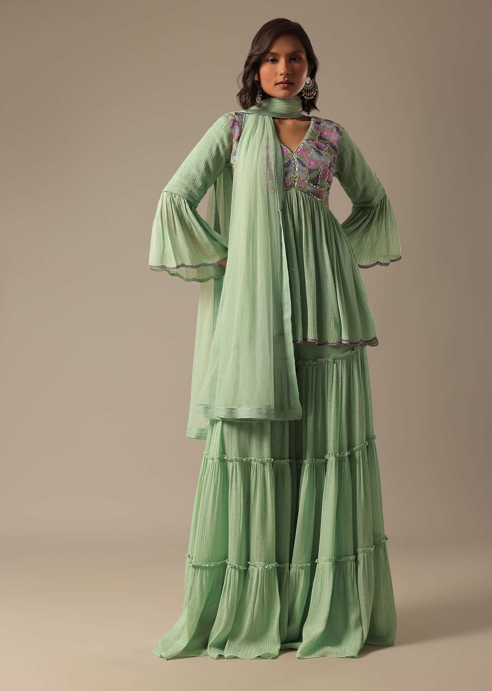 Pista Green Georgette Sharara Set With Peplum Top And Dupatta - Image 3