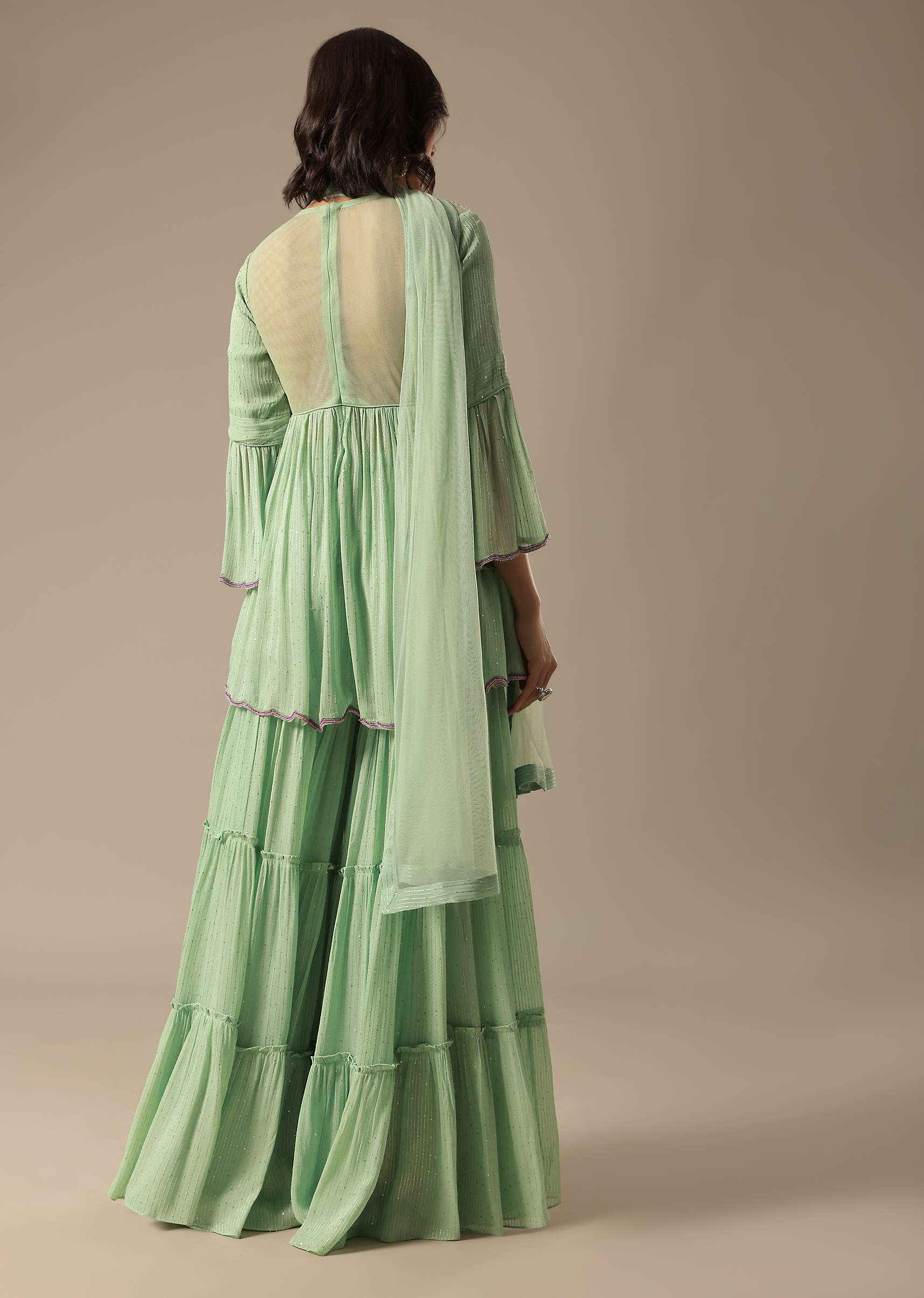 Pista Green Georgette Sharara Set With Peplum Top And Dupatta - Image 4