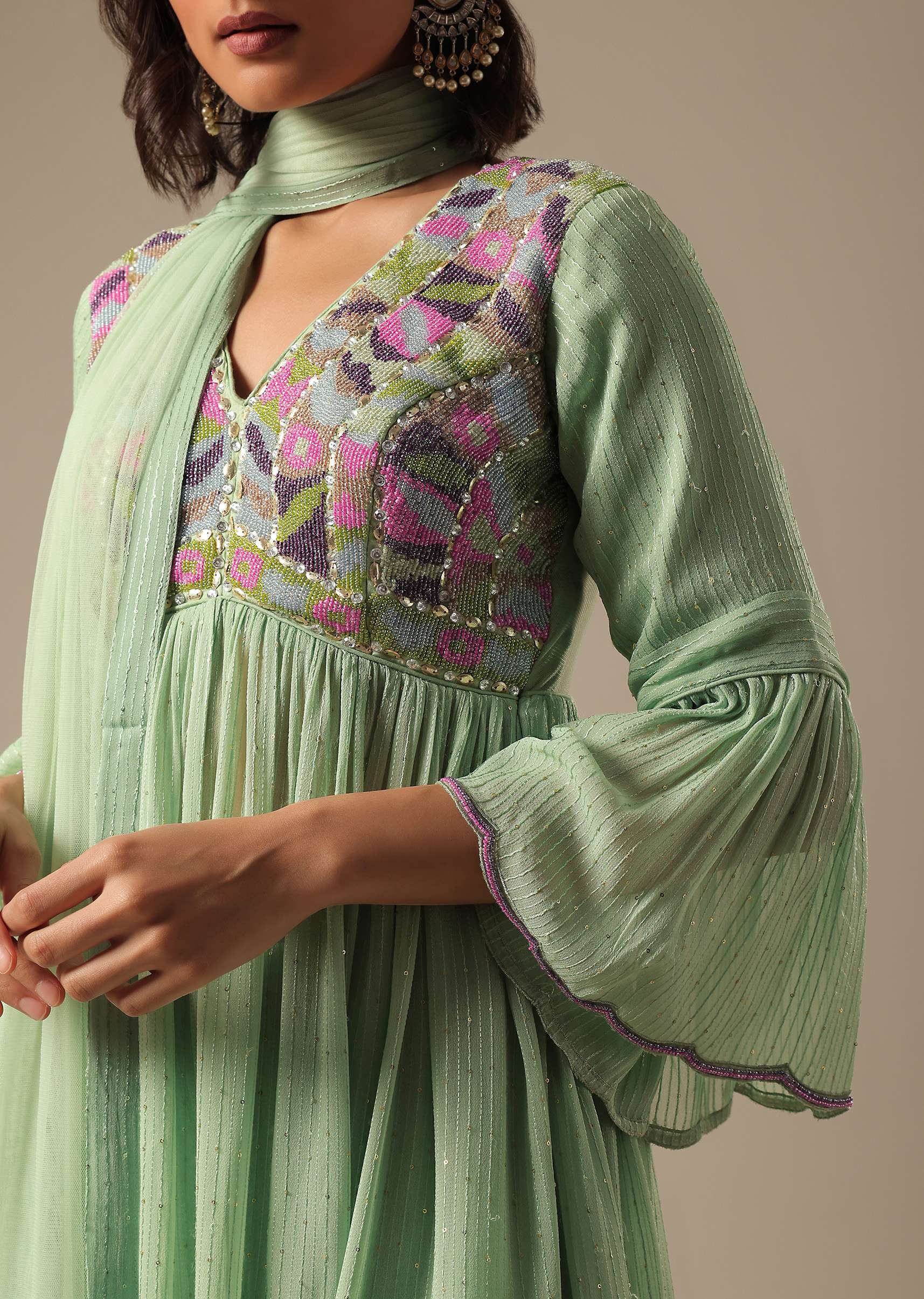 Pista Green Georgette Sharara Set With Peplum Top And Dupatta - Image 5