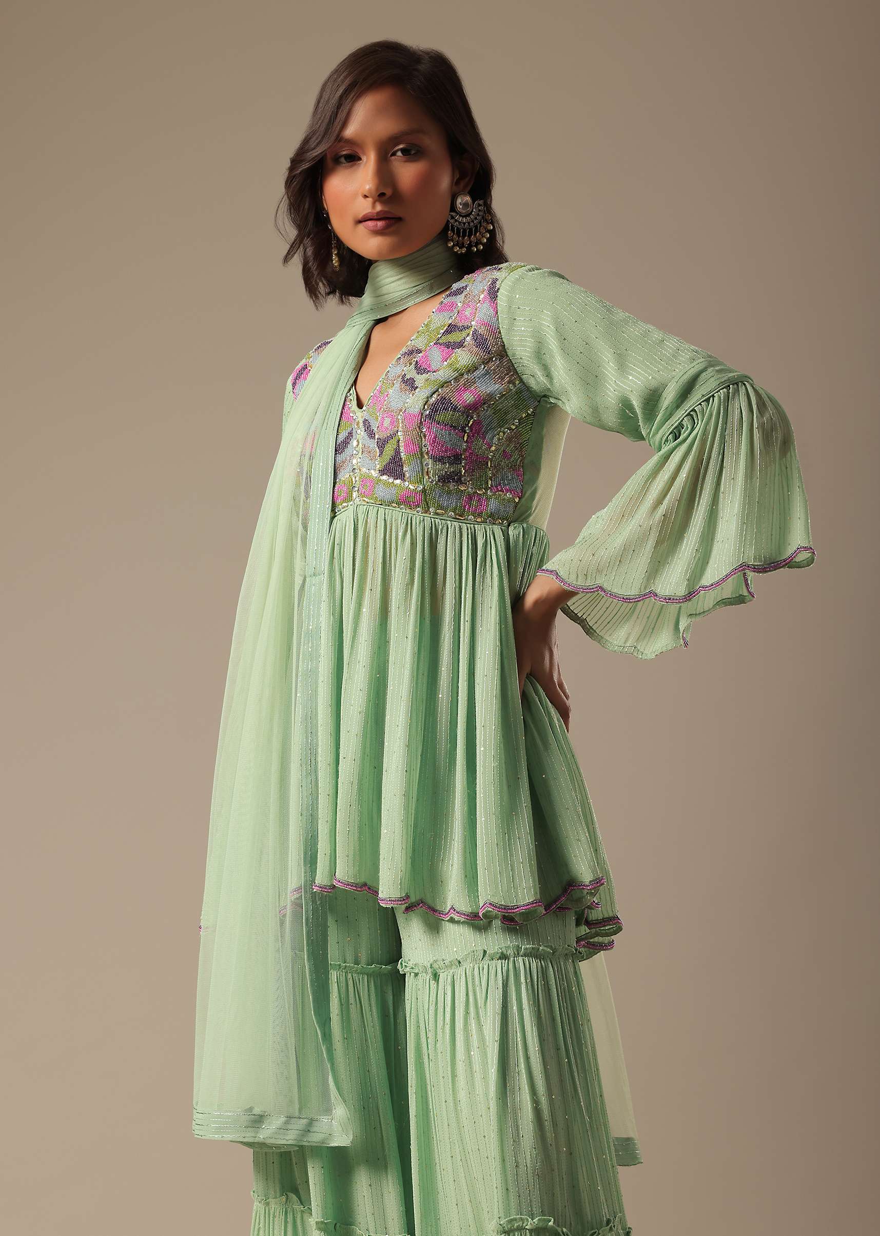 Pista Green Georgette Sharara Set With Peplum Top And Dupatta - Image 6